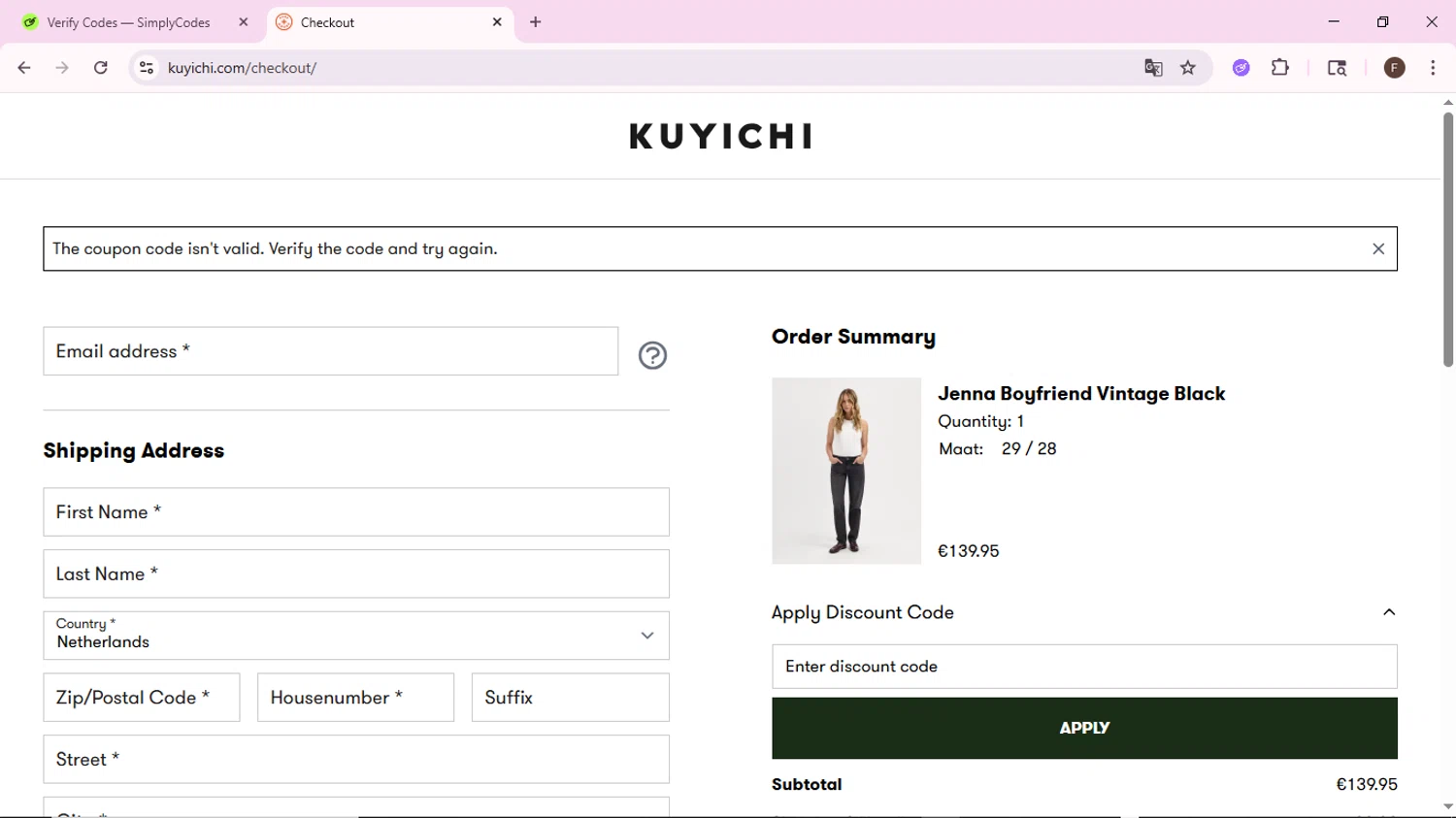 Kuyichi discount code screenshot showing code KUYICHI15 applied at Kuyichi checkout page. Uploaded by SimplyCodes community member BargainShopper1802 on Sep 24, 2025