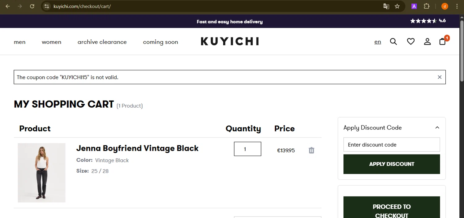 Kuyichi discount code screenshot showing code KUYICHI15 applied at Kuyichi checkout page. Uploaded by SimplyCodes community member PennyAdmiral6960 on Sep 24, 2025