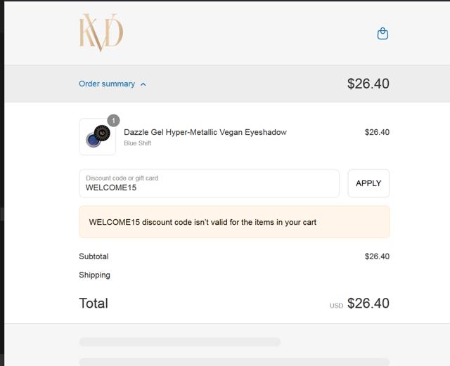 KVD Vegan Beauty checkout page showing KVD Vegan Beauty promo code box | Screenshot taken by SimplyCodes community member on Sep 14, 2025