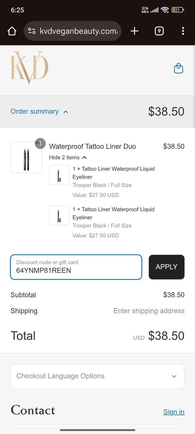 KVD Vegan Beauty checkout page showing KVD Vegan Beauty promo code box | Screenshot taken by SimplyCodes community member on Sep 14, 2025