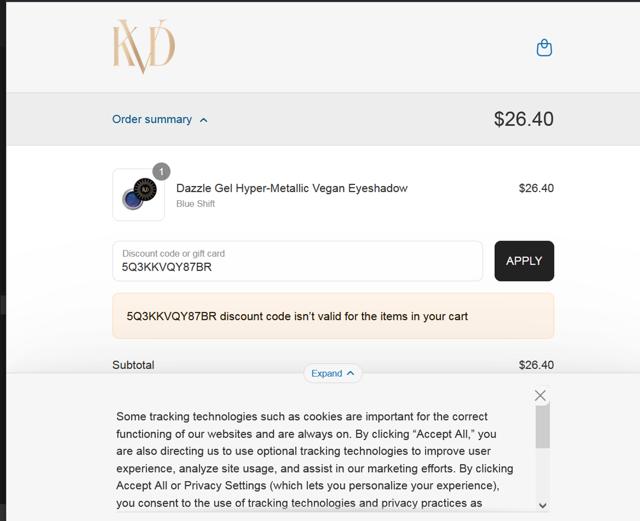 KVD Vegan Beauty checkout page showing KVD Vegan Beauty promo code box | Screenshot taken by SimplyCodes community member on Sep 14, 2025