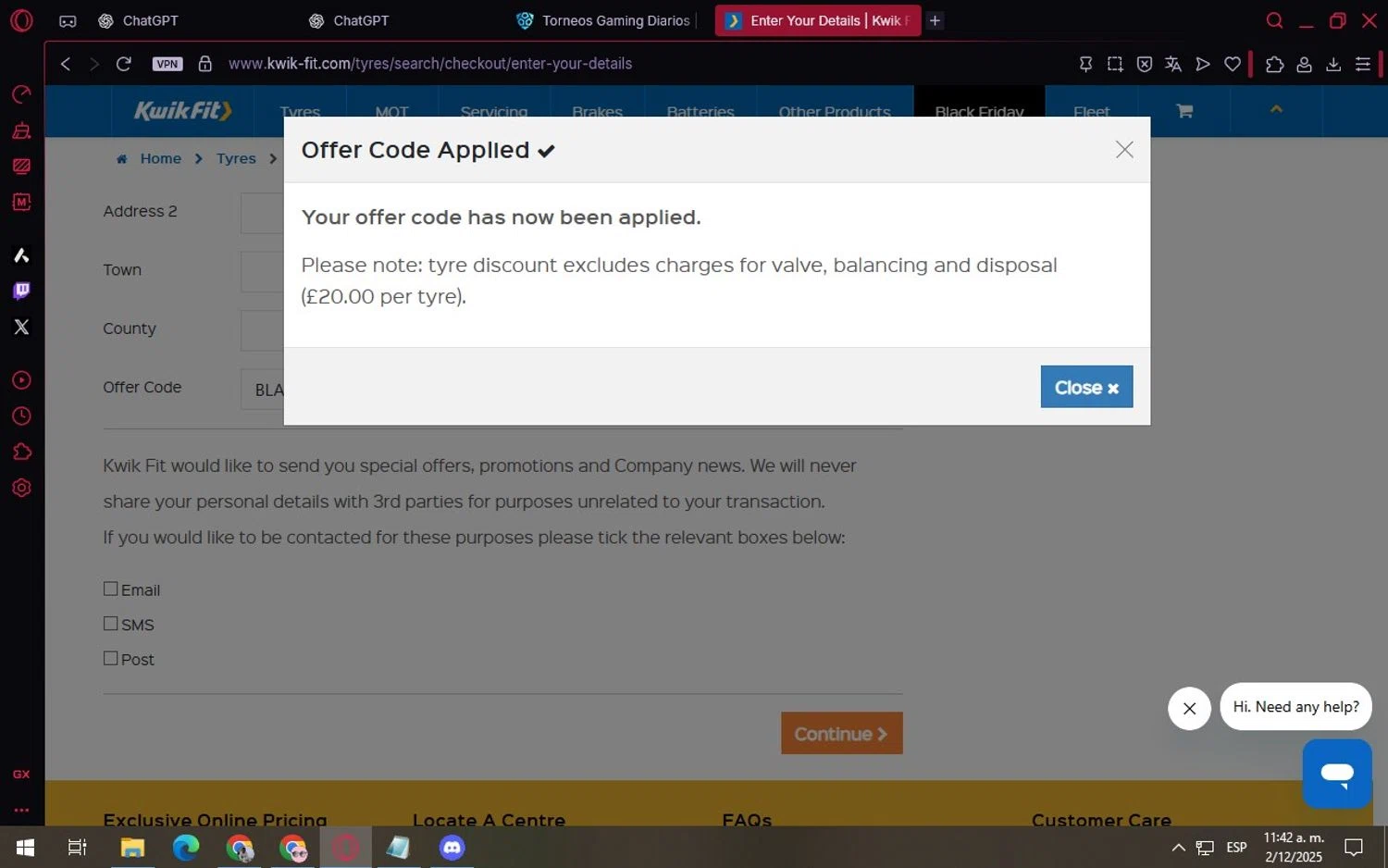 Kwik Fit checkout page showing Kwik Fit discount code box | Screenshot taken by SimplyCodes community member on Dec 2, 2025