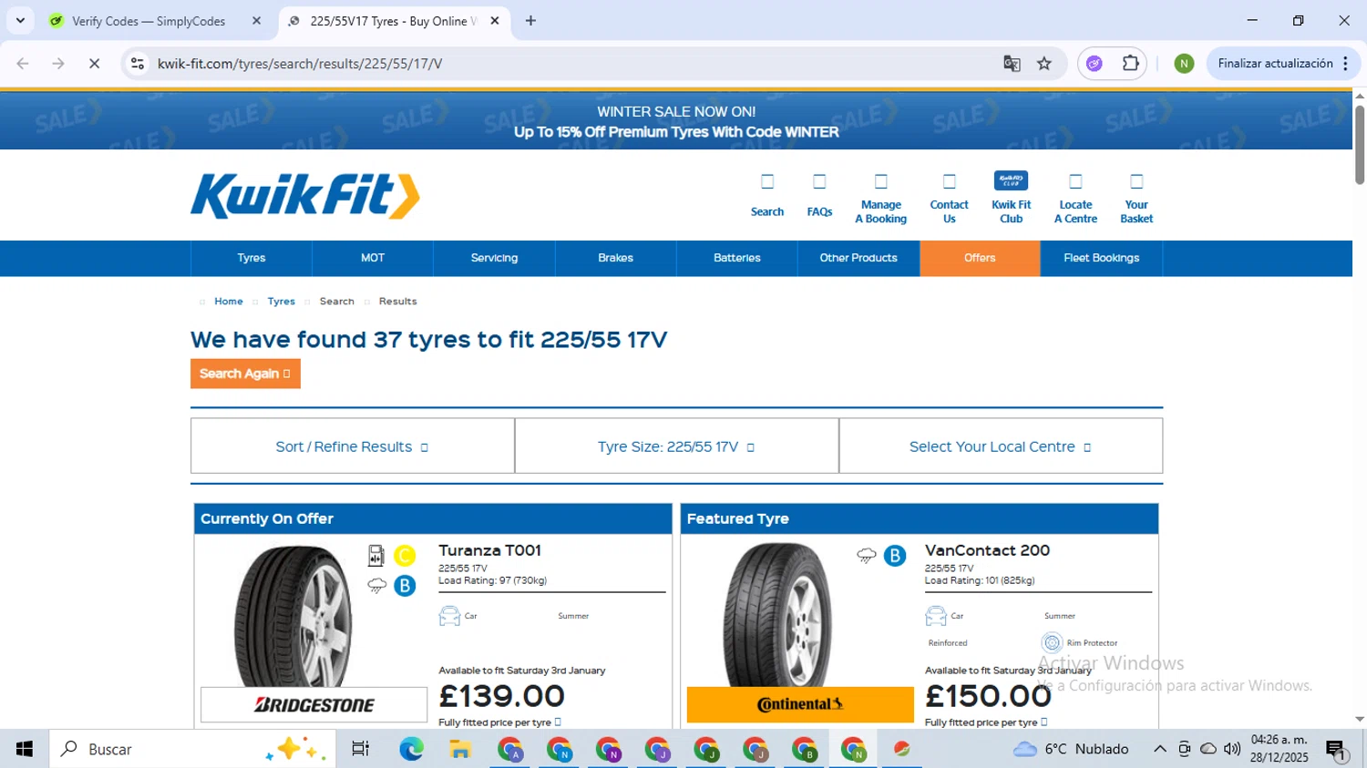Kwik Fit checkout page showing Kwik Fit discount code box | Screenshot taken by SimplyCodes community member on Dec 28, 2025