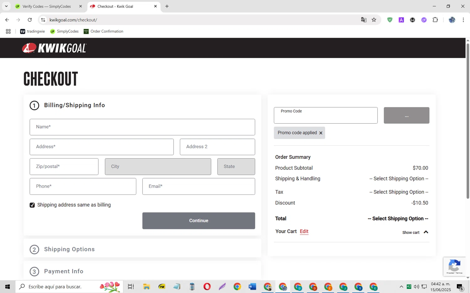 Kwik Goal promo code screenshot showing code THANKS applied at Kwik Goal checkout page. Uploaded by SimplyCodes community member JoseH45 on Jun 15, 2025