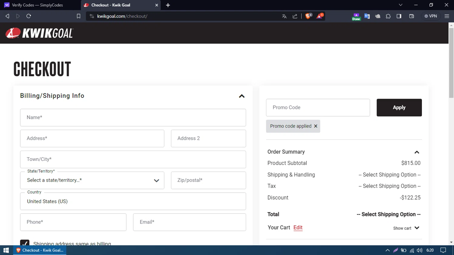 Kwik Goal checkout page showing Kwik Goal promo code box | Screenshot taken by SimplyCodes community member on Nov 10, 2023