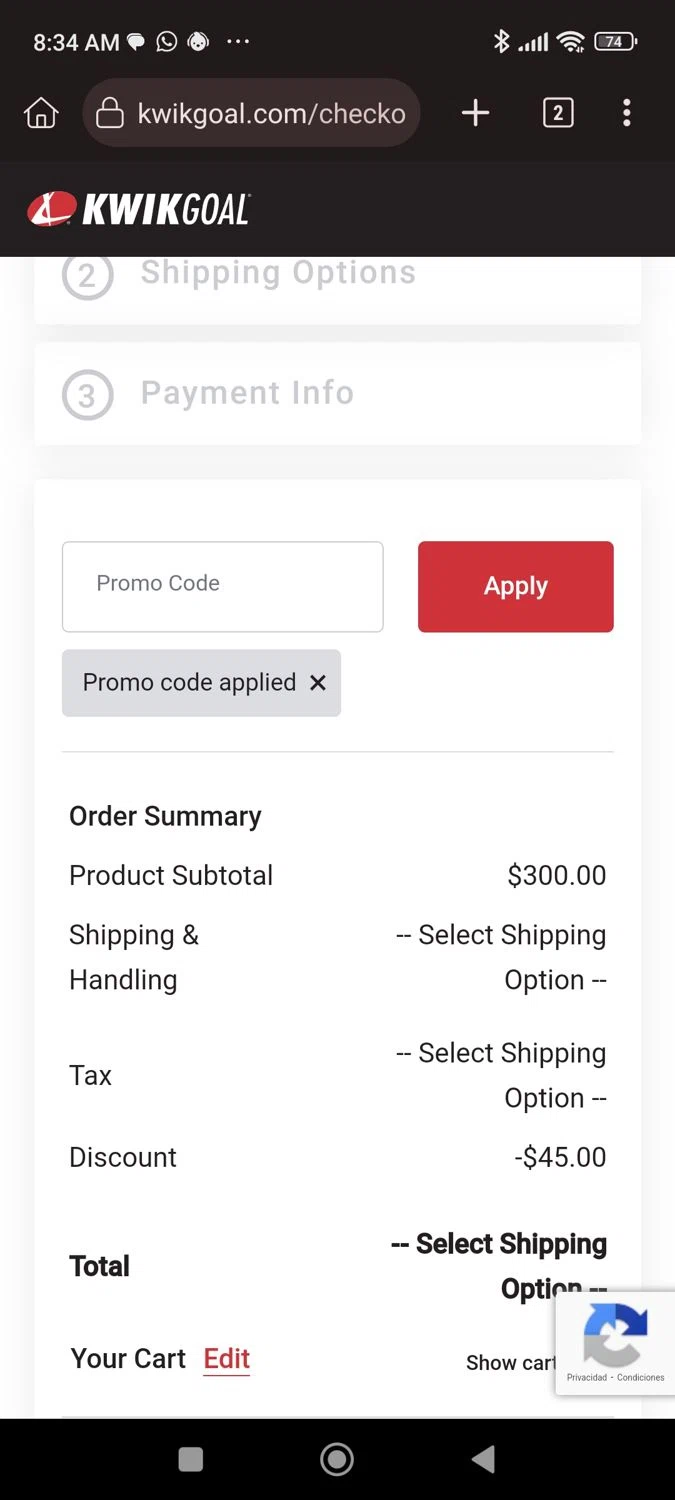 Kwik Goal checkout page showing Kwik Goal promo code box | Screenshot taken by SimplyCodes community member on Dec 14, 2024