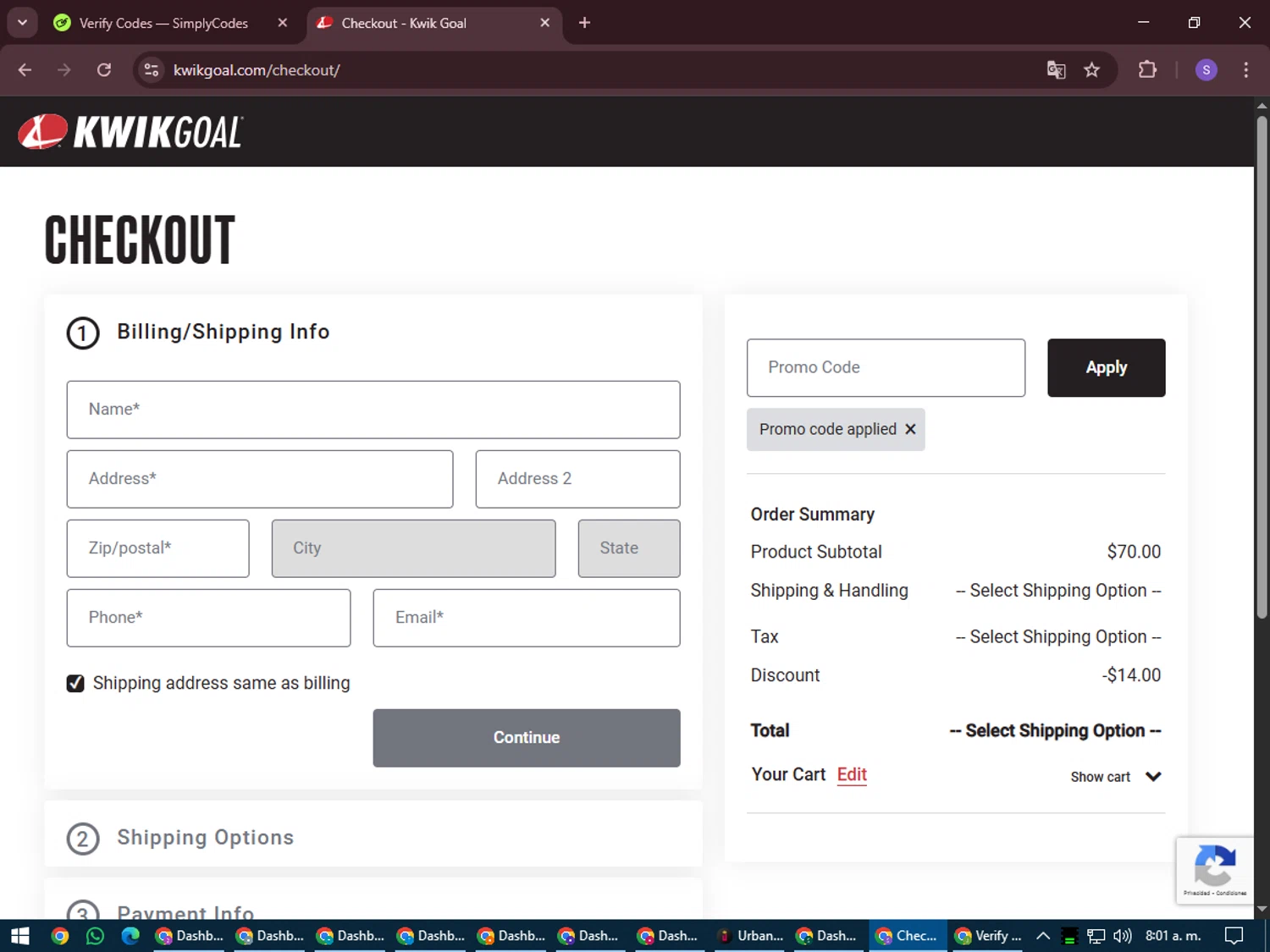Kwik Goal promo code screenshot showing code SAVE20 applied at Kwik Goal checkout page. Uploaded by SimplyCodes community member LuckyVoyager688 on Jul 18, 2025