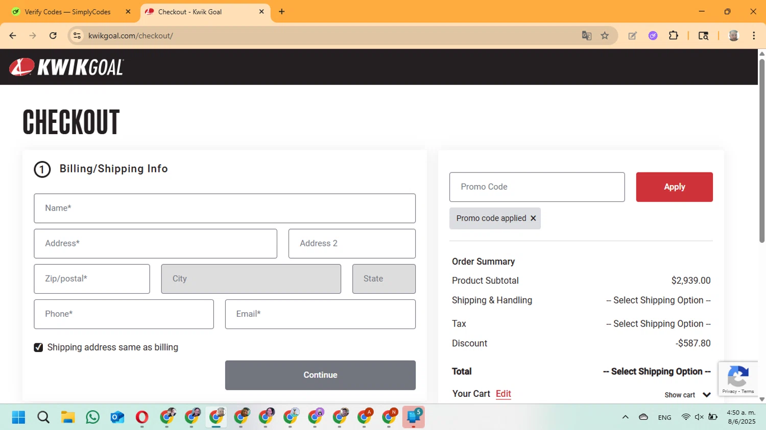Kwik Goal promo code screenshot showing code SAVE20 applied at Kwik Goal checkout page. Uploaded by SimplyCodes community member ManuelF on Jun 8, 2025