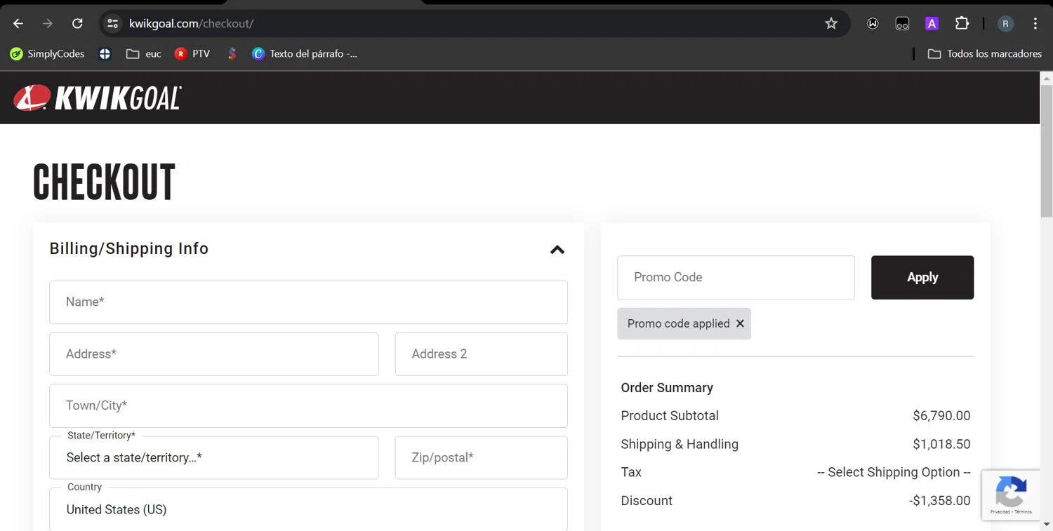 Kwik Goal checkout page showing Kwik Goal promo code box | Screenshot taken by SimplyCodes community member on Jul 17, 2024