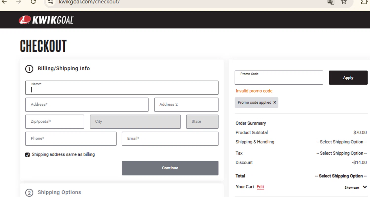 Kwik Goal promo code screenshot showing code SAVE20 applied at Kwik Goal checkout page. Uploaded by SimplyCodes community member RewardFinder4836 on Jun 15, 2025