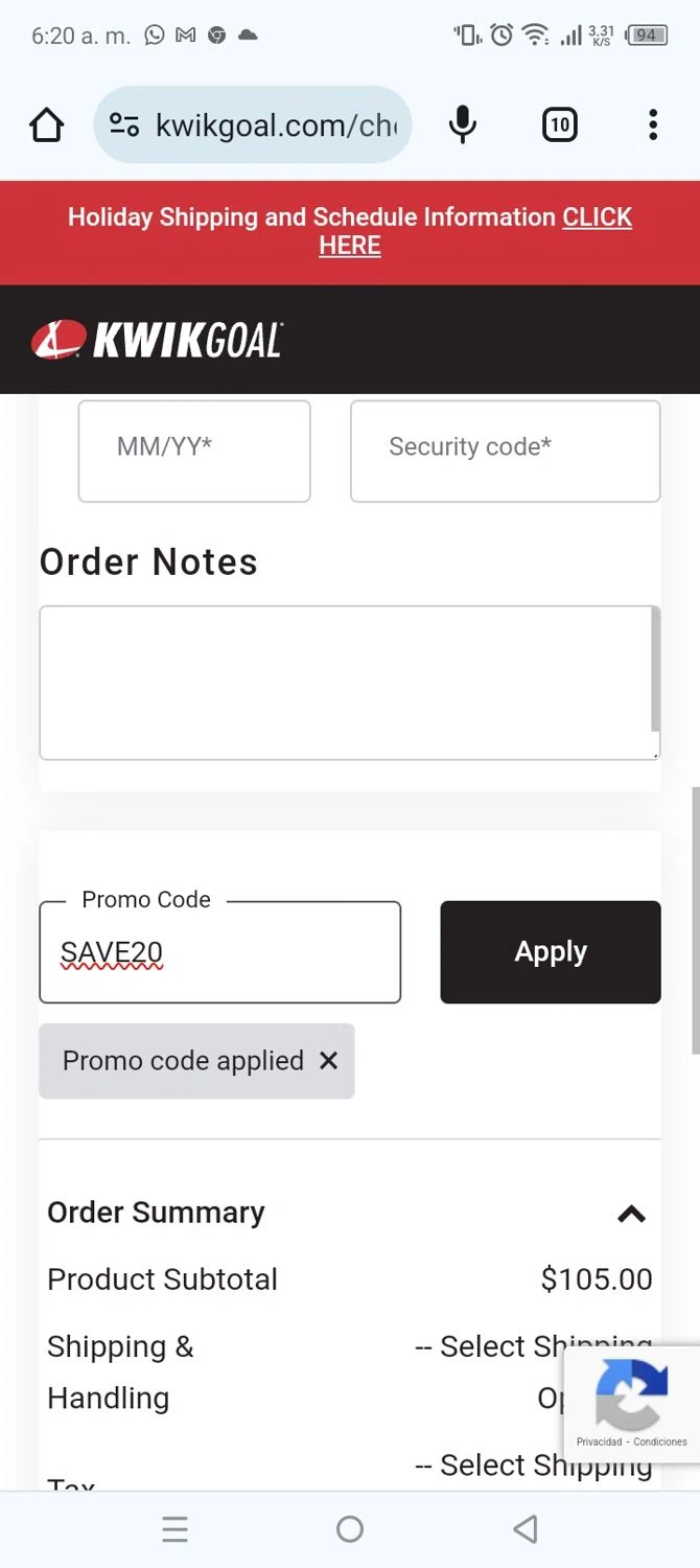 Kwik Goal checkout page showing Kwik Goal promo code box | Screenshot taken by SimplyCodes community member on Dec 30, 2023