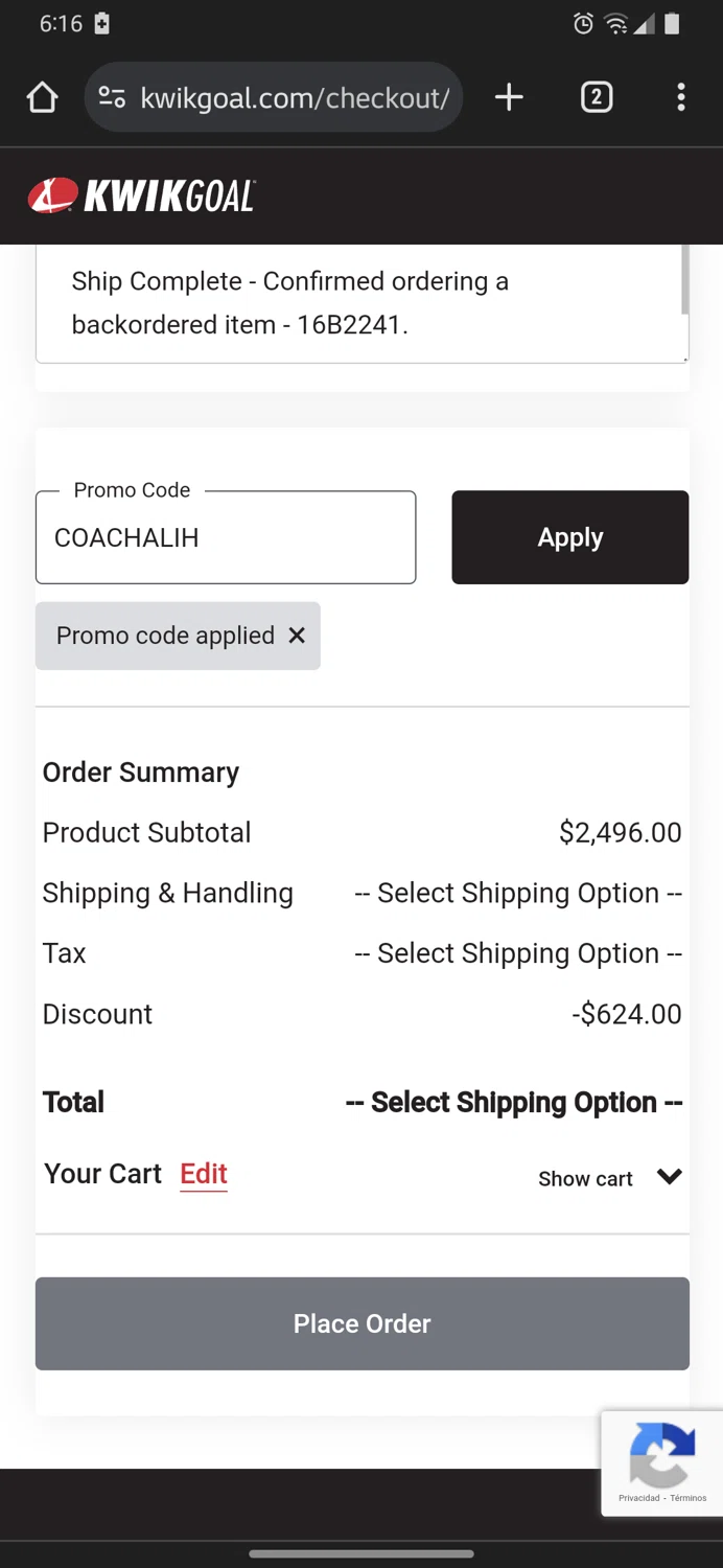 Kwik Goal checkout page showing Kwik Goal promo code box | Screenshot taken by SimplyCodes community member on Jul 14, 2024