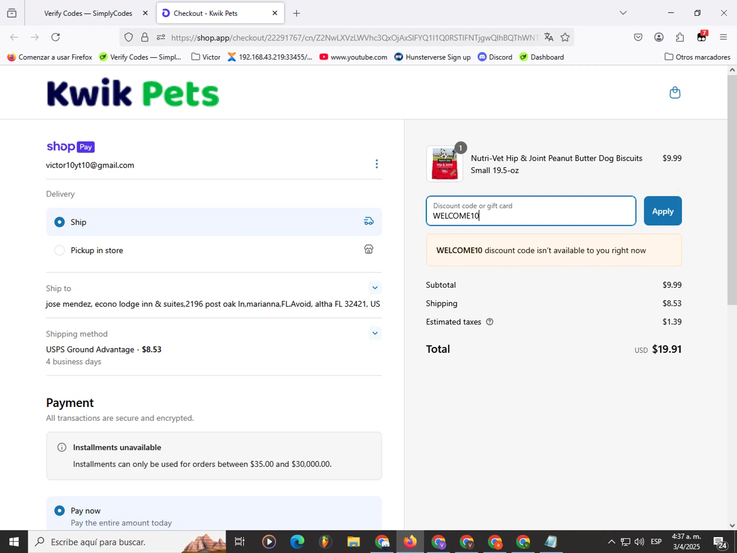 Kwik Pets discount code screenshot showing code WELCOME10 applied at Kwik Pets checkout page. Uploaded by SimplyCodes community member Garou_Y2K on Apr 3, 2025