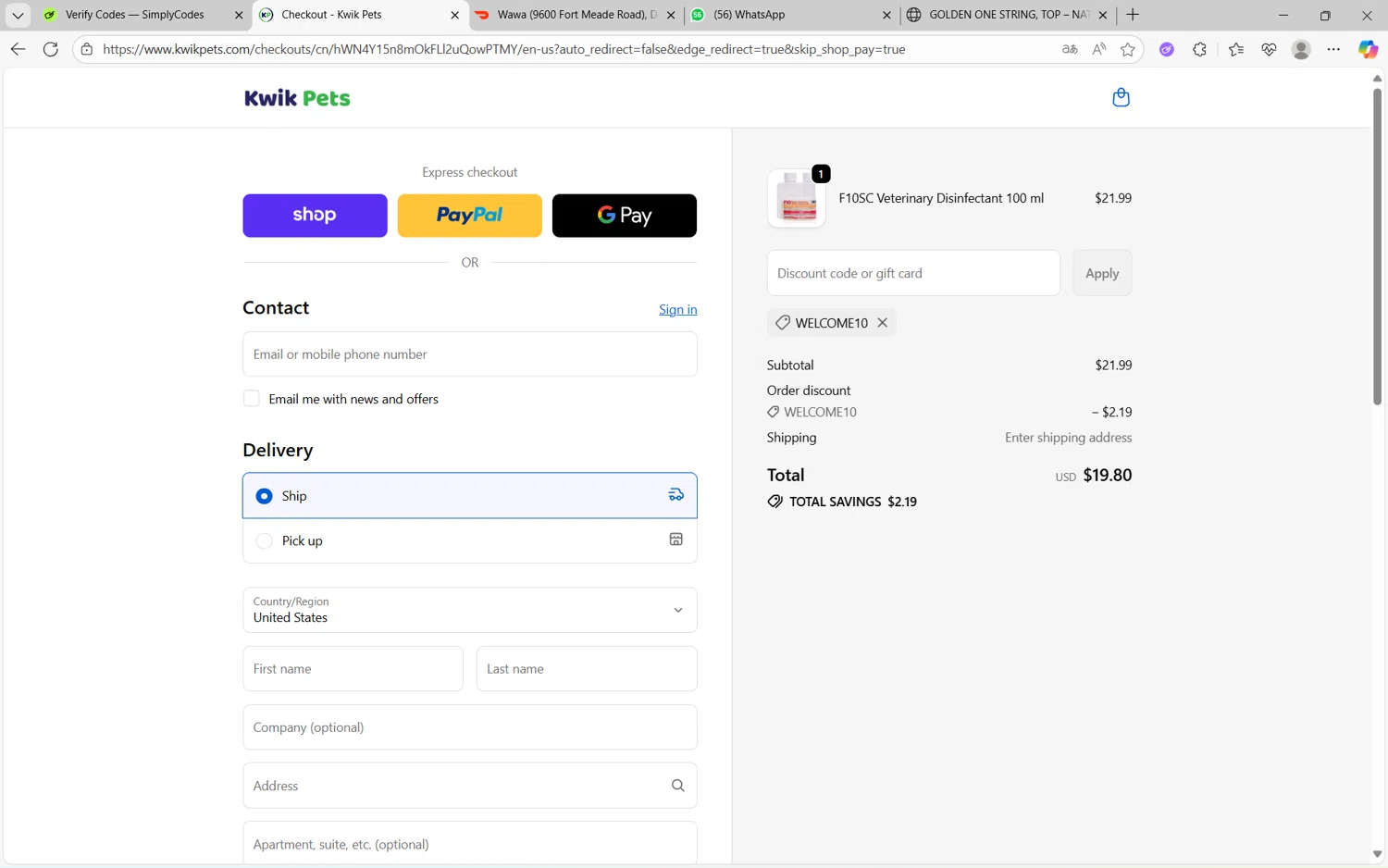Kwik Pets discount code screenshot showing code WELCOME10 applied at Kwik Pets checkout page. Uploaded by SimplyCodes community member juanx1702 on Oct 26, 2025