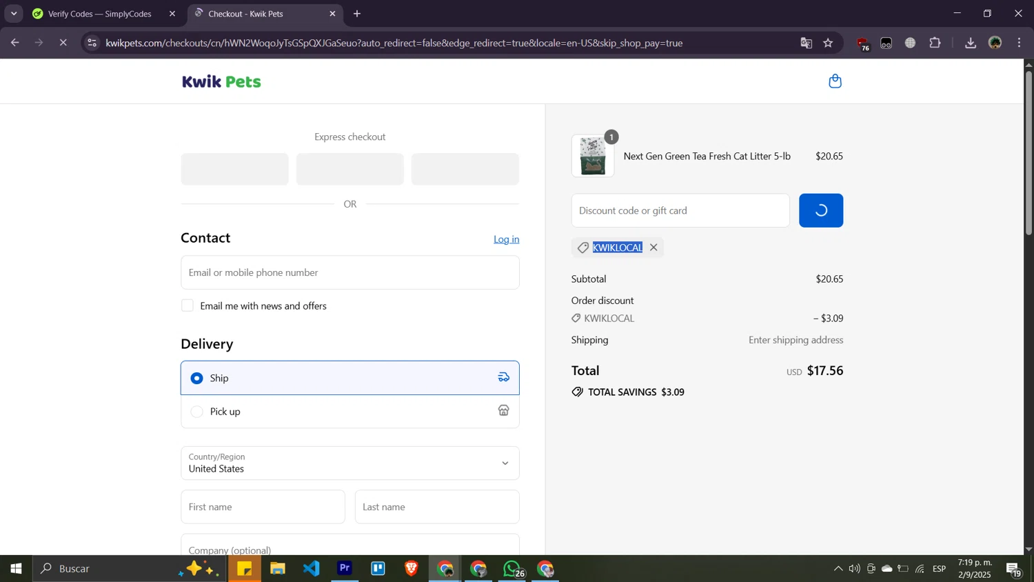Kwik Pets discount code screenshot showing code KWIKLOCAL applied at Kwik Pets checkout page. Uploaded by SimplyCodes community member Moisesdk0 on Sep 2, 2025