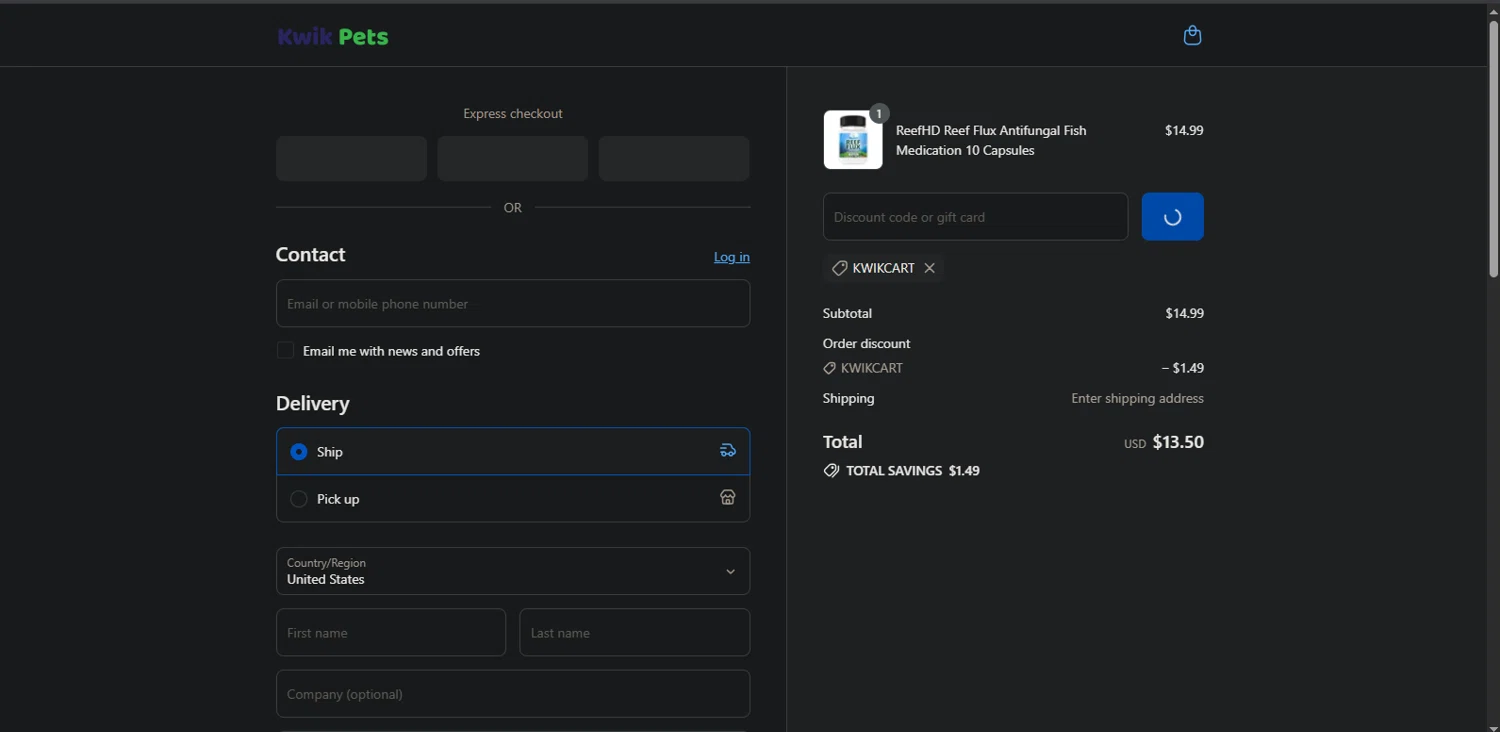 Kwik Pets discount code screenshot showing code KWIKCART applied at Kwik Pets checkout page. Uploaded by SimplyCodes community member Nor_man on Aug 25, 2025