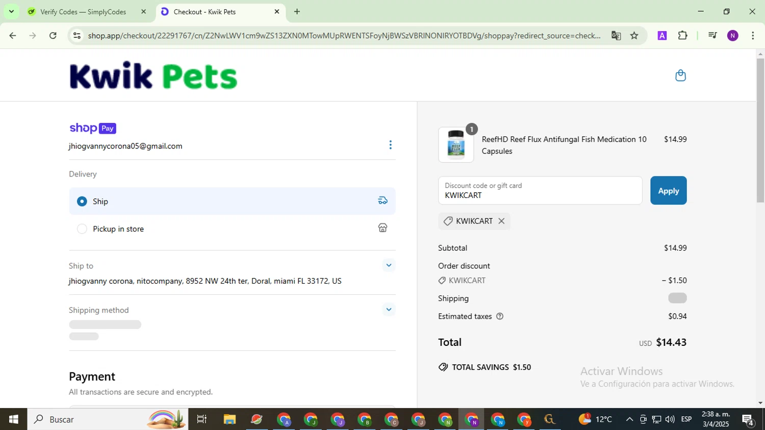 Kwik Pets discount code screenshot showing code KWIKCART applied at Kwik Pets checkout page. Uploaded by SimplyCodes community member QuestOwl9632 on Apr 3, 2025