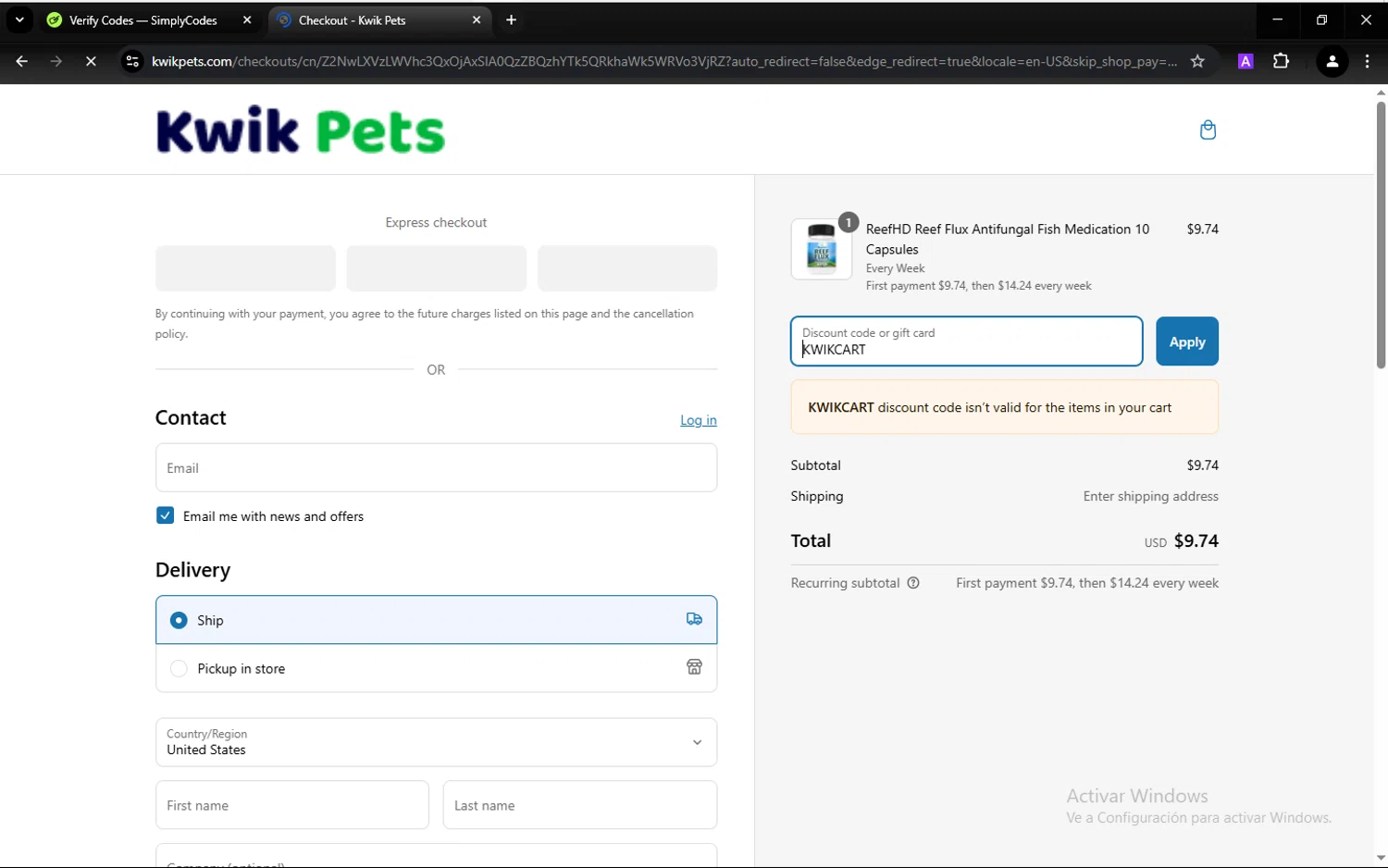 Kwik Pets discount code screenshot showing code KWIKCART applied at Kwik Pets checkout page. Uploaded by SimplyCodes community member hugofraile on Mar 12, 2025