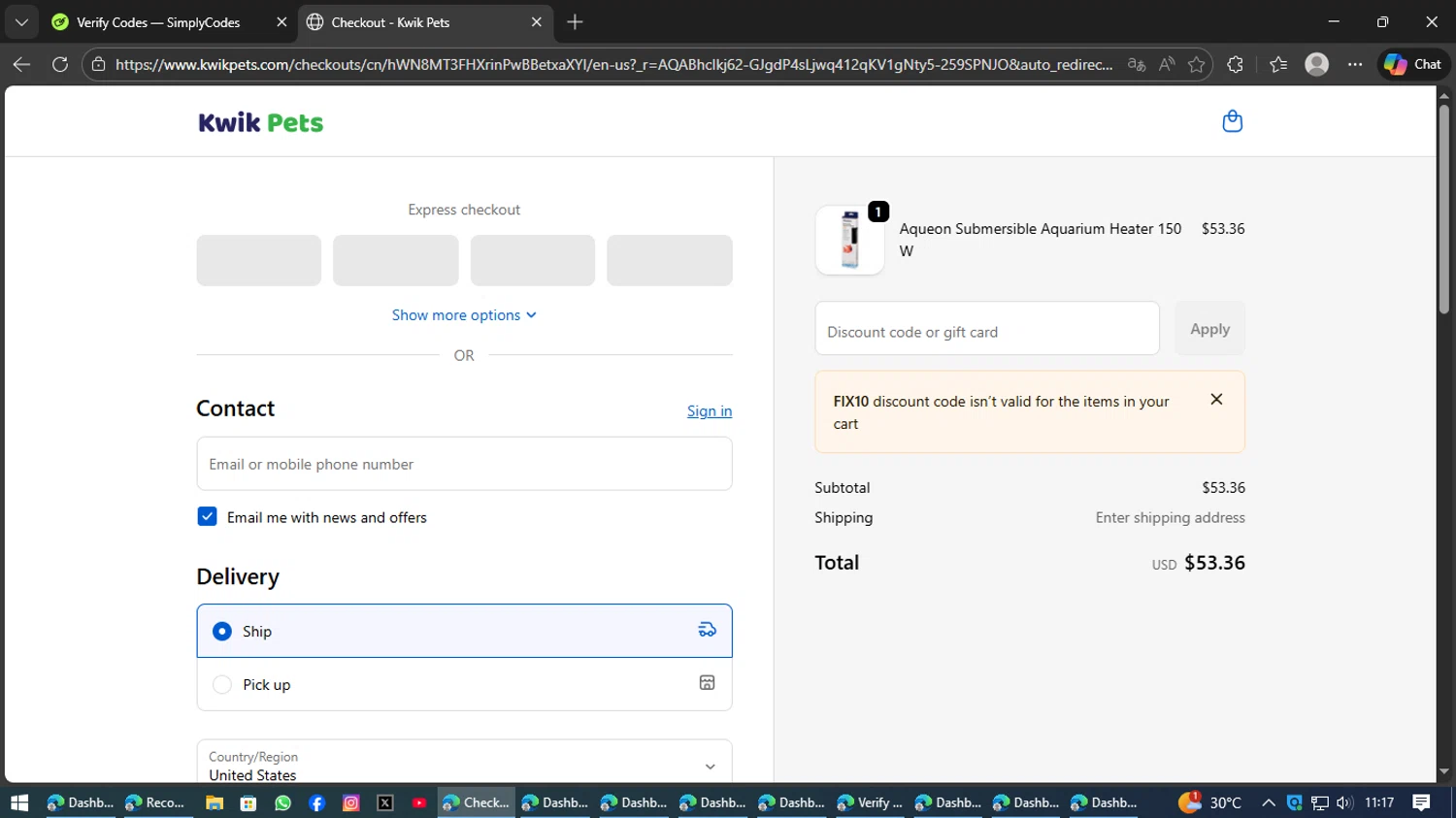 Kwik Pets checkout page showing Kwik Pets discount code box | Screenshot taken by SimplyCodes community member on Feb 3, 2026