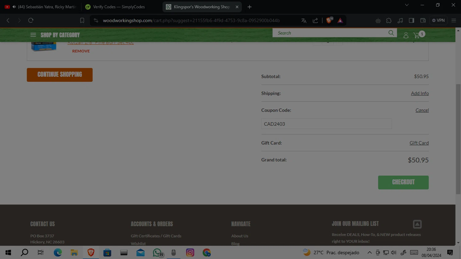 Klingspor's Woodworking Shop checkout page showing Klingspor's Woodworking Shop promo code box | Screenshot taken by SimplyCodes community member on Apr 9, 2024