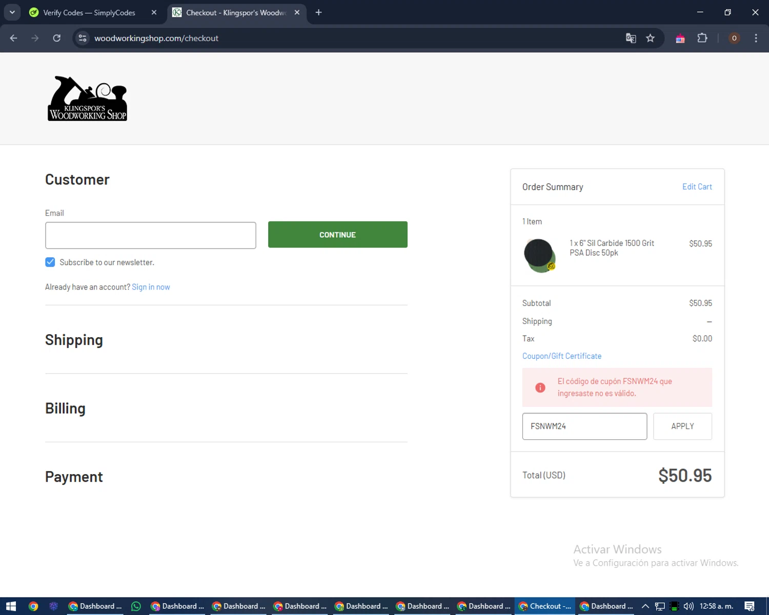 Klingspor's Woodworking Shop promo code screenshot showing code FSNWM24 applied at Klingspor's Woodworking Shop checkout page. Uploaded by SimplyCodes community member Legendar on Feb 10, 2025