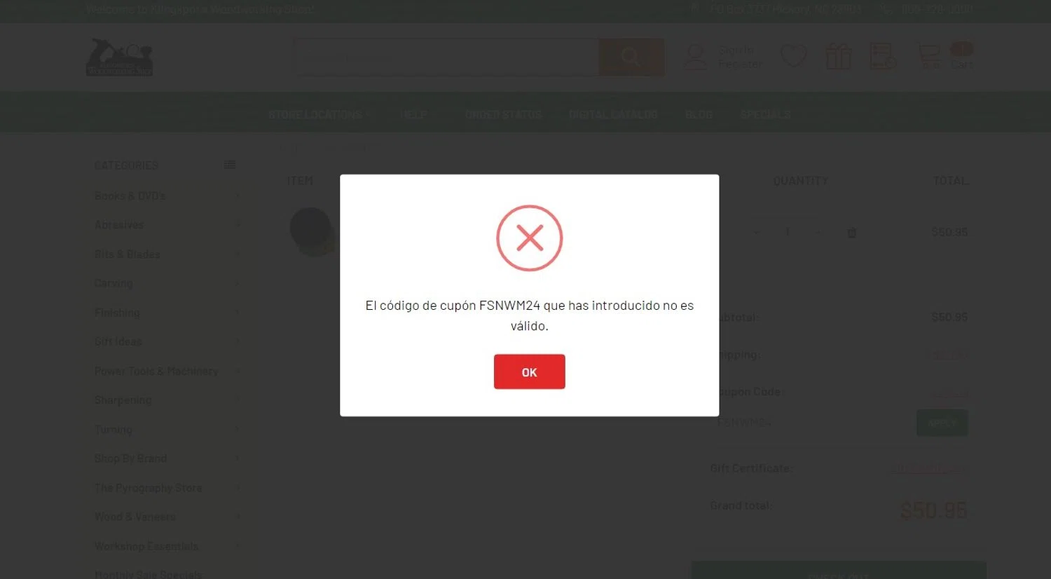 Klingspor's Woodworking Shop promo code screenshot showing code FSNWM24 applied at Klingspor's Woodworking Shop checkout page. Uploaded by SimplyCodes community member ylenisjordan on Jan 6, 2025
