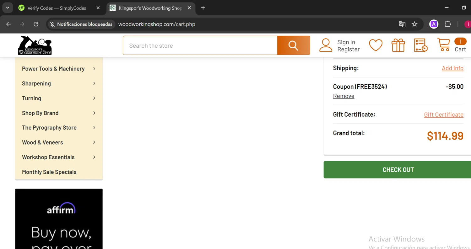 Klingspor's Woodworking Shop checkout page showing Klingspor's Woodworking Shop promo code box | Screenshot taken by SimplyCodes community member on Dec 15, 2024