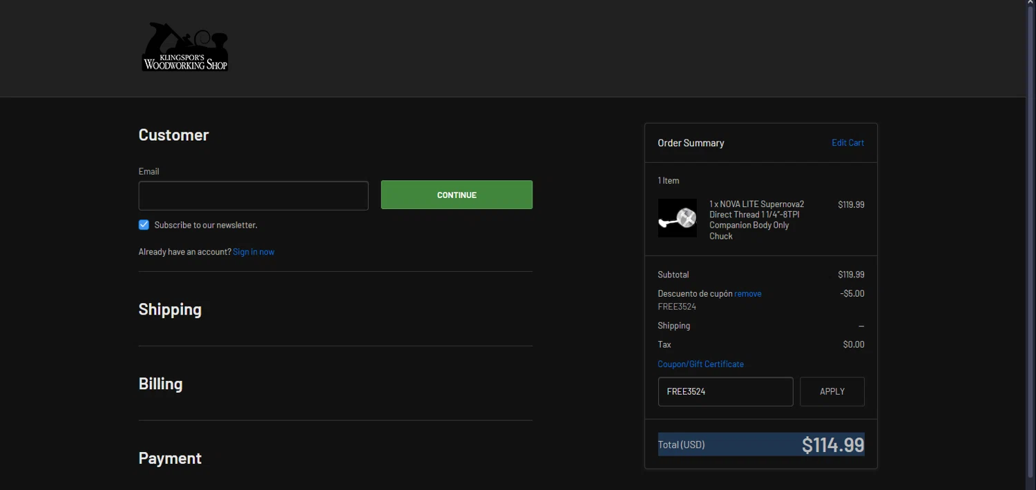 Klingspor's Woodworking Shop checkout page showing Klingspor's Woodworking Shop promo code box | Screenshot taken by SimplyCodes community member on Nov 16, 2024