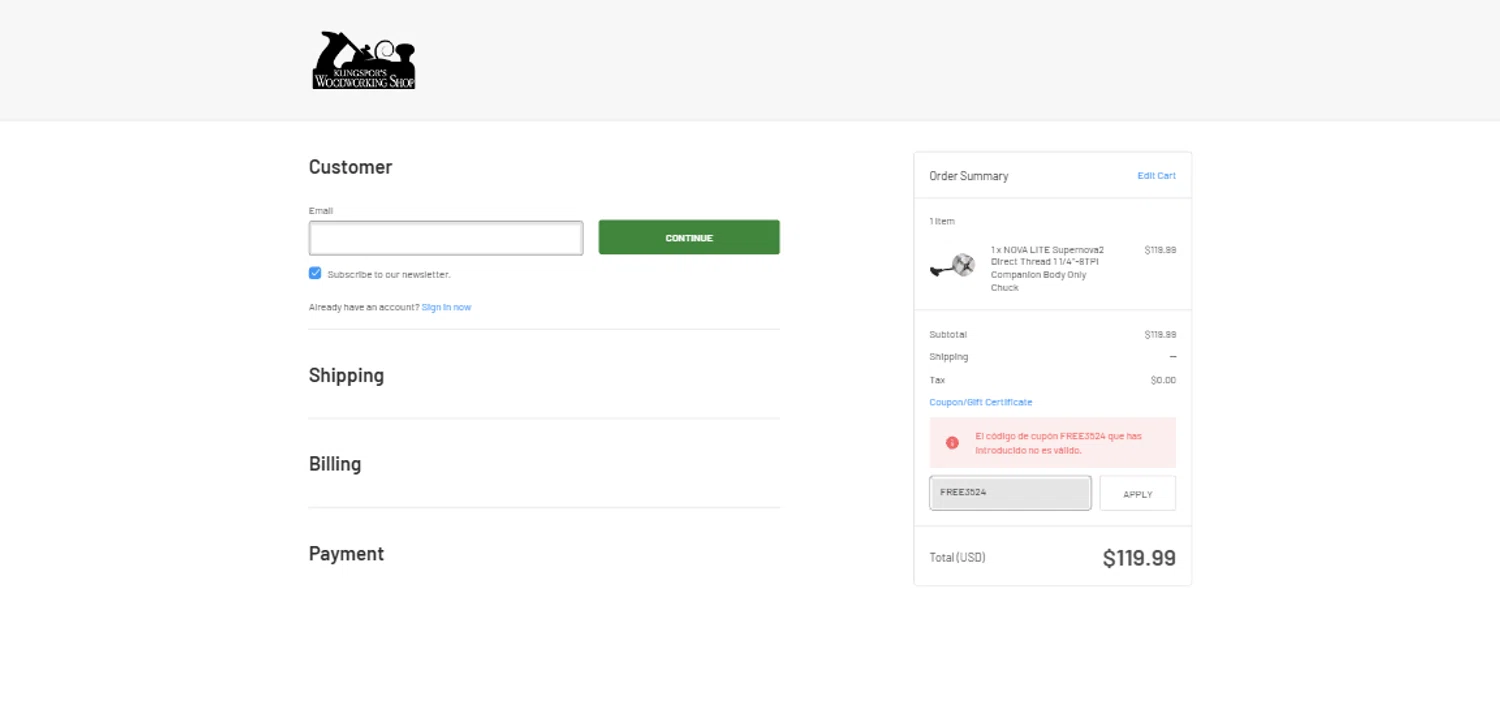 Klingspor's Woodworking Shop promo code screenshot showing code FREE3524 applied at Klingspor's Woodworking Shop checkout page. Uploaded by SimplyCodes community member CrownTiger6508 on Jan 13, 2025