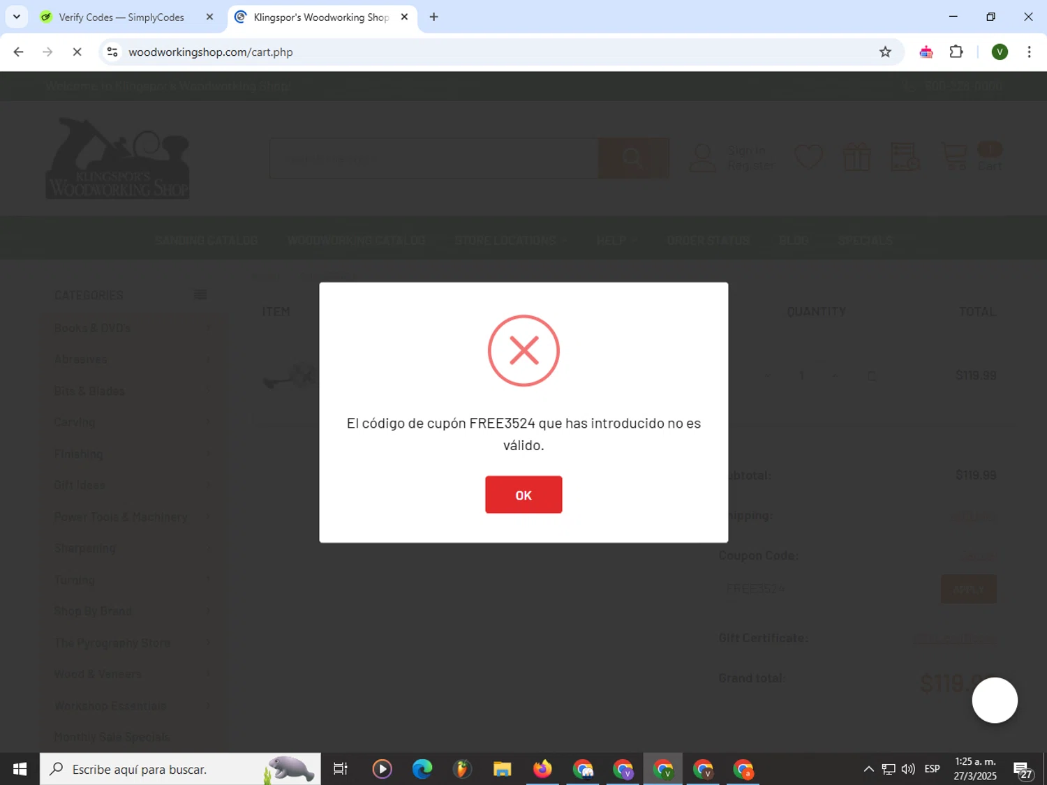 Klingspor's Woodworking Shop promo code screenshot showing code FREE3524 applied at Klingspor's Woodworking Shop checkout page. Uploaded by SimplyCodes community member PrimeWizard4168 on Mar 27, 2025