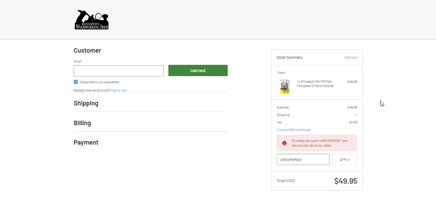 Klingspor's Woodworking Shop promo code screenshot showing code UNICORNMEAT applied at Klingspor's Woodworking Shop checkout page. Uploaded by SimplyCodes community member Bendito on Jun 24, 2025