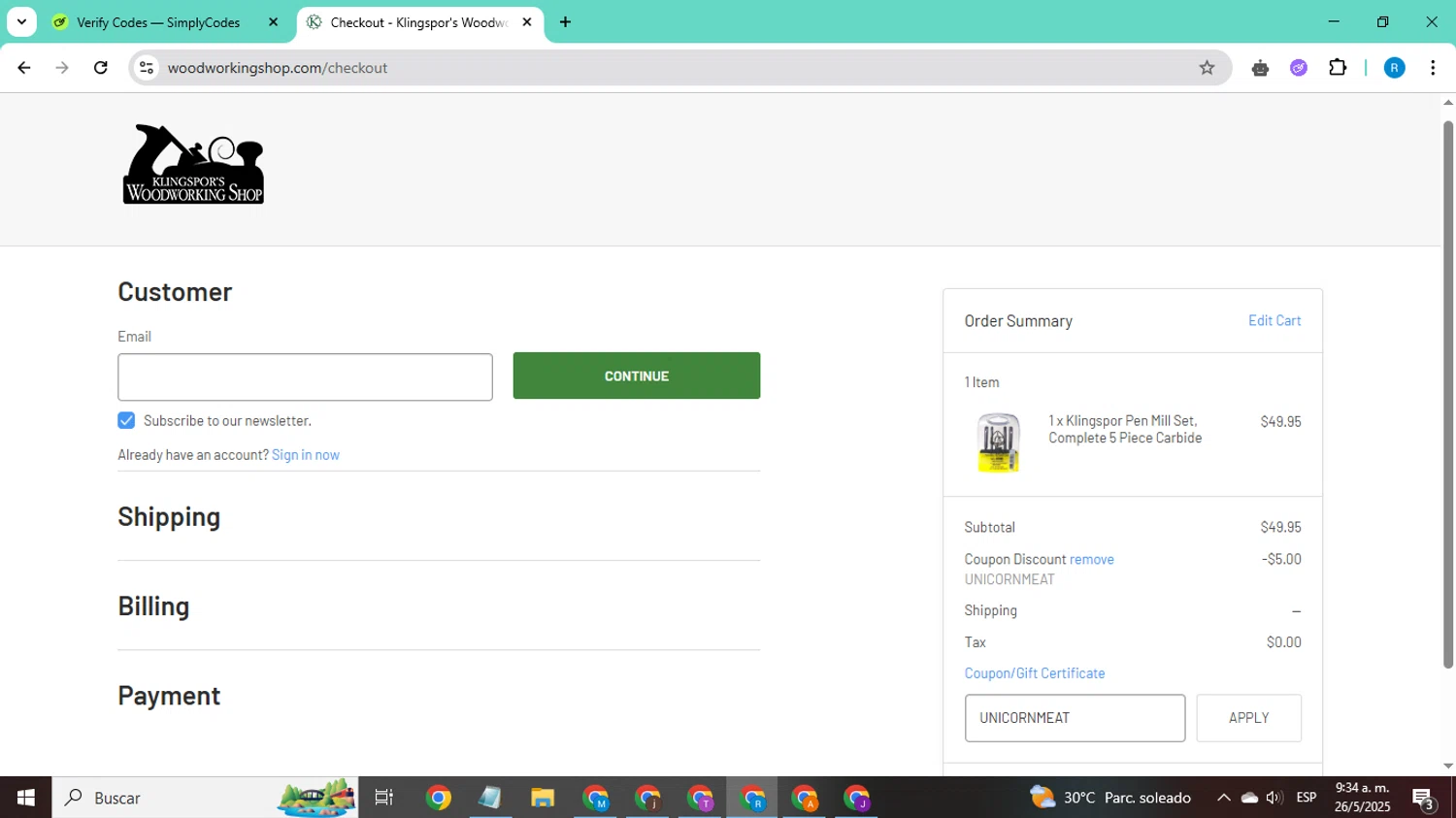 Klingspor's Woodworking Shop checkout page showing Klingspor's Woodworking Shop promo code box | Screenshot taken by SimplyCodes community member on May 26, 2025