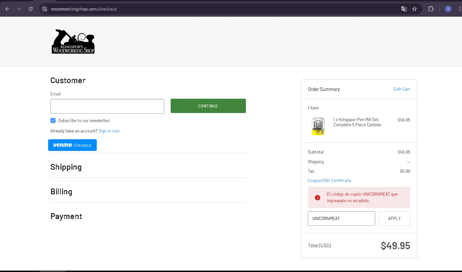 Klingspor's Woodworking Shop promo code screenshot showing code UNICORNMEAT applied at Klingspor's Woodworking Shop checkout page. Uploaded by SimplyCodes community member TRIBUENO on Jun 24, 2025