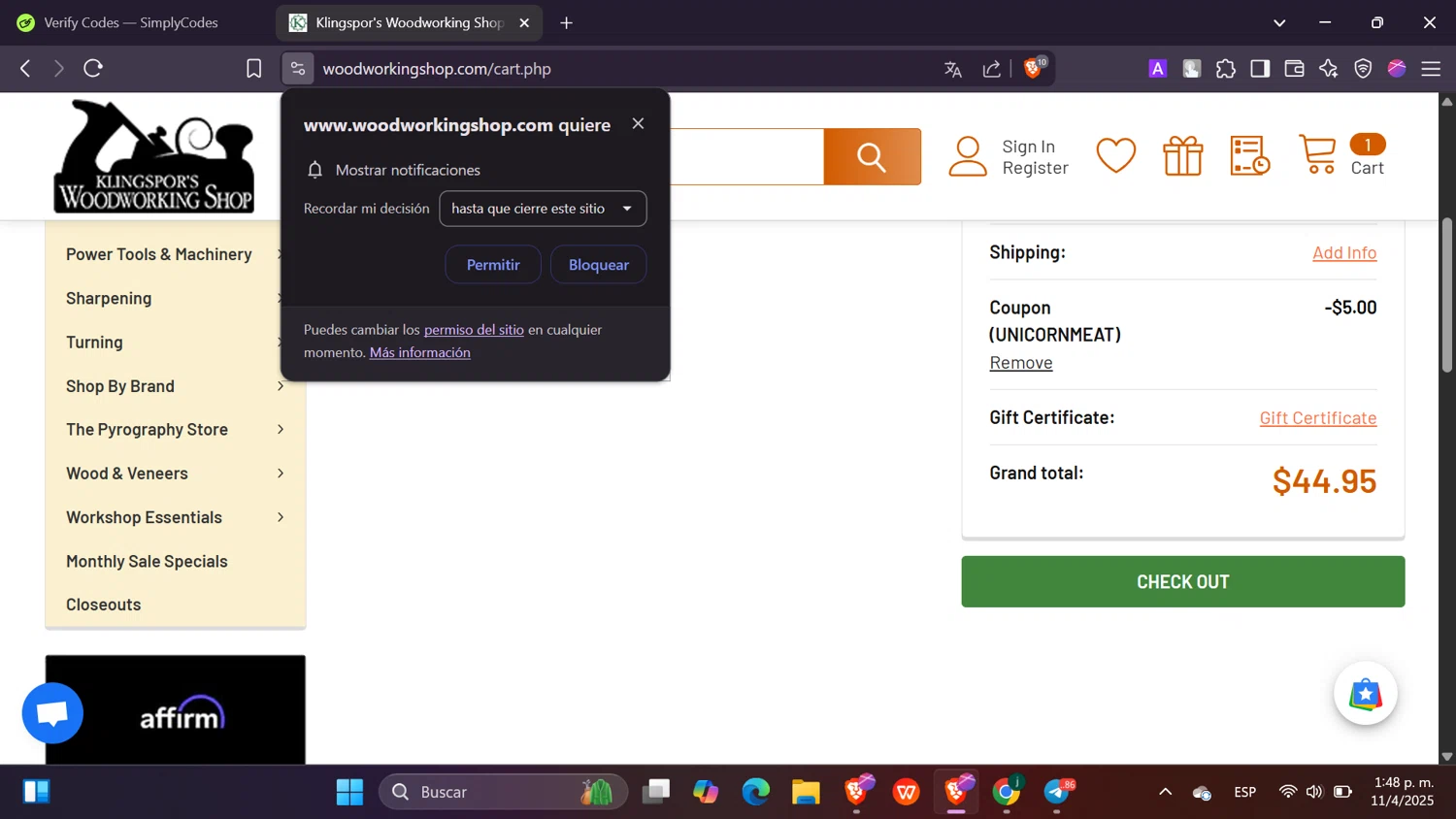 Klingspor's Woodworking Shop checkout page showing Klingspor's Woodworking Shop promo code box | Screenshot taken by SimplyCodes community member on Apr 11, 2025