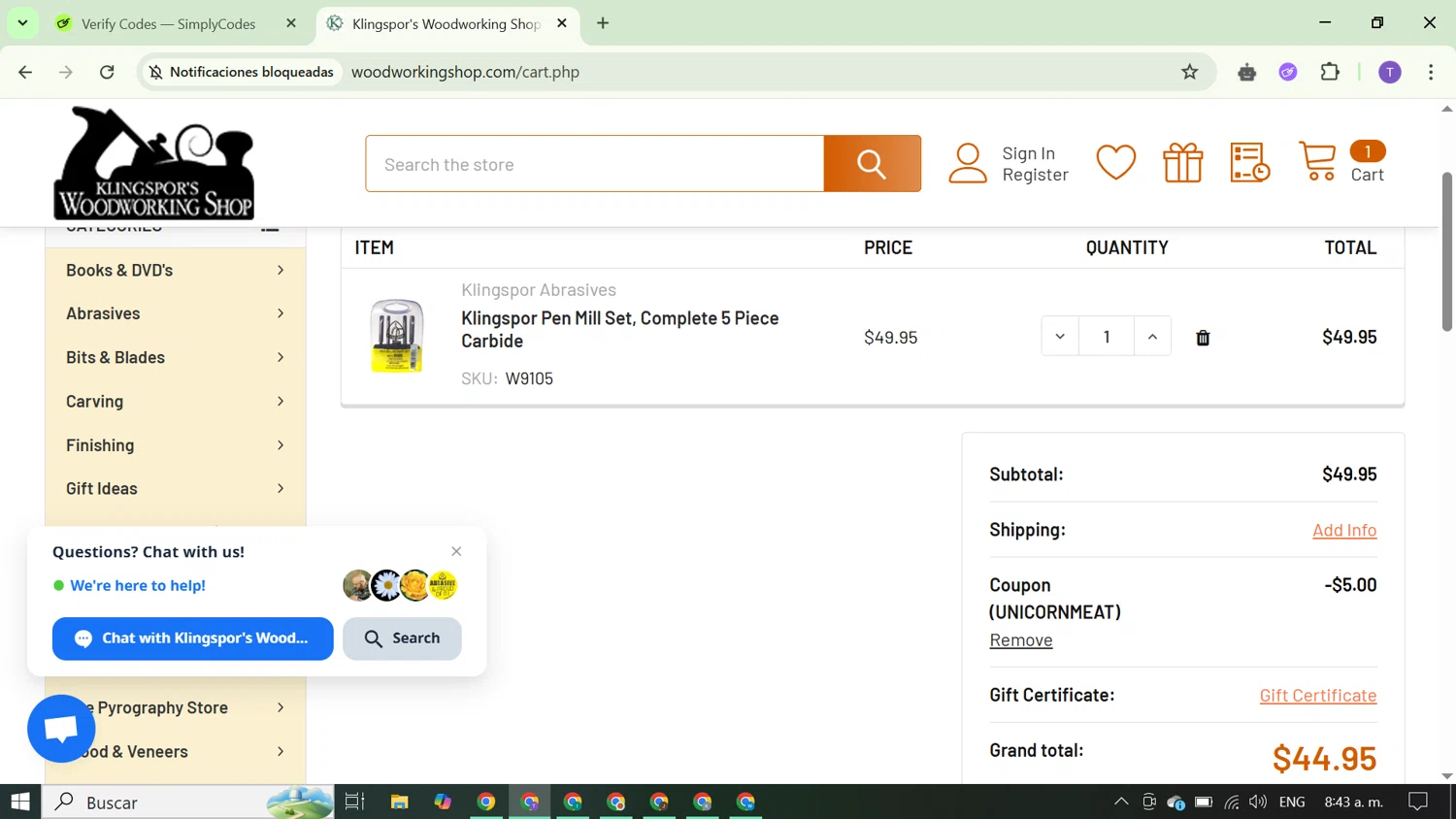Klingspor's Woodworking Shop checkout page showing Klingspor's Woodworking Shop promo code box | Screenshot taken by SimplyCodes community member on May 19, 2025