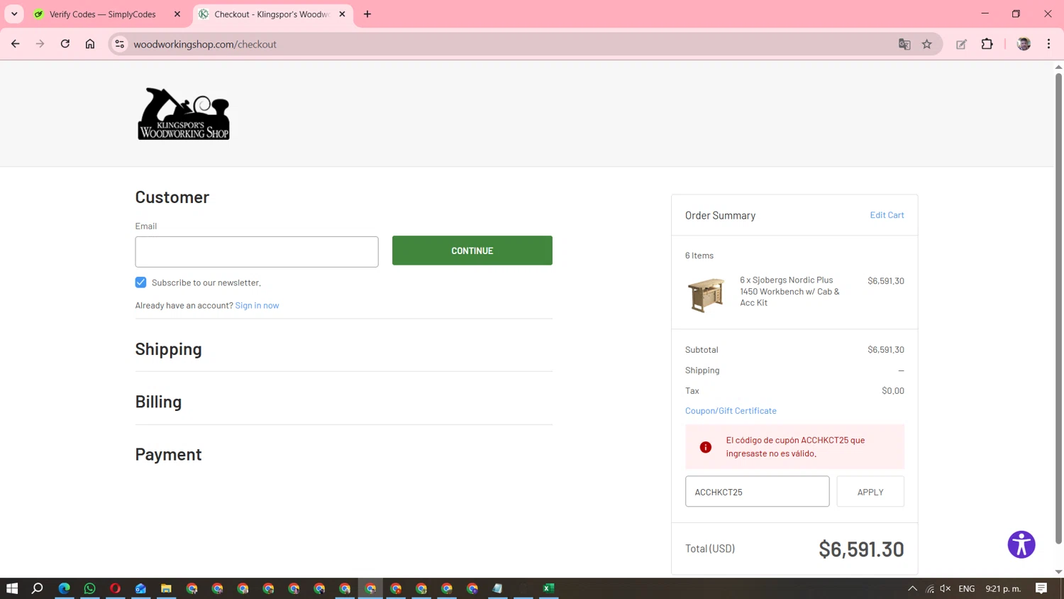 Klingspor's Woodworking Shop promo code screenshot showing code ACCHKCT25 applied at Klingspor's Woodworking Shop checkout page. Uploaded by SimplyCodes community member DavGutFig on Nov 27, 2025