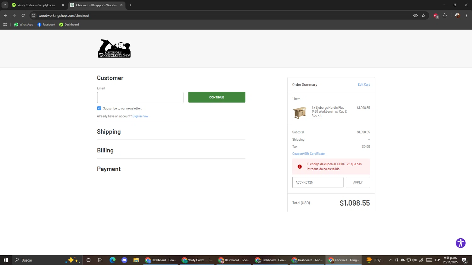 Klingspor's Woodworking Shop promo code screenshot showing code ACCHKCT25 applied at Klingspor's Woodworking Shop checkout page. Uploaded by SimplyCodes community member ScanShopper554 on Nov 27, 2025