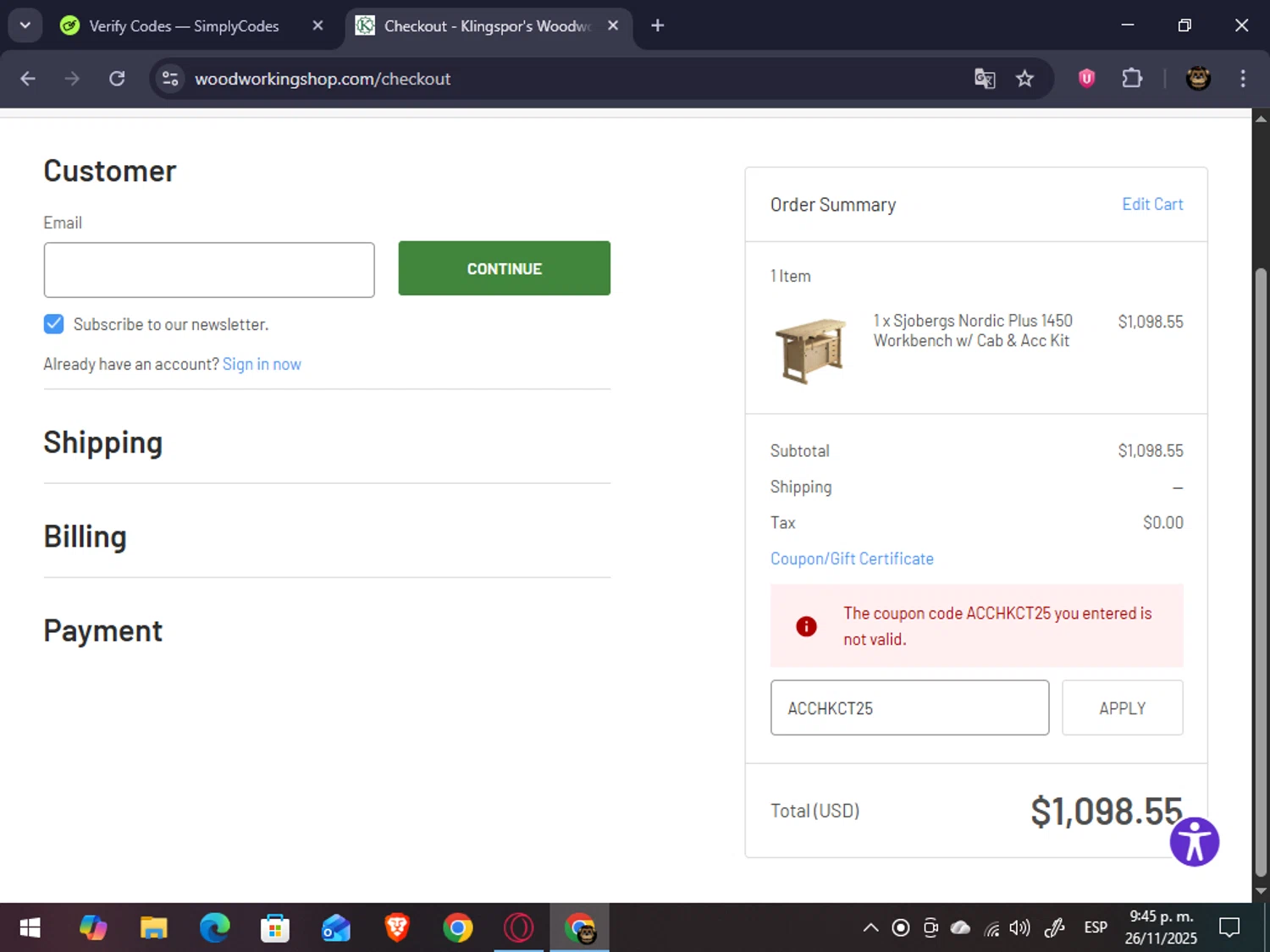 Klingspor's Woodworking Shop promo code screenshot showing code ACCHKCT25 applied at Klingspor's Woodworking Shop checkout page. Uploaded by SimplyCodes community member abrahanv on Nov 27, 2025