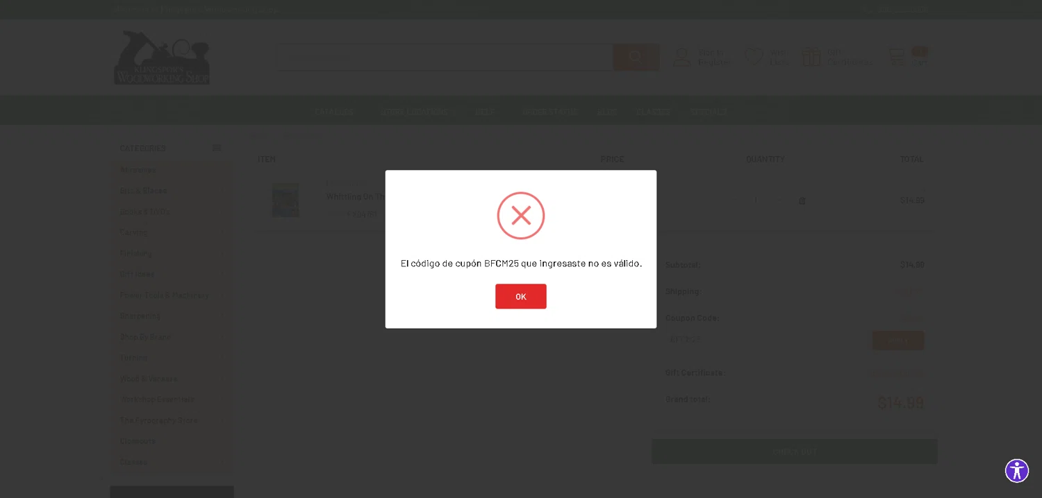 Klingspor's Woodworking Shop promo code screenshot showing code BFCM25 applied at Klingspor's Woodworking Shop checkout page. Uploaded by SimplyCodes community member BargainCurator5453 on Dec 11, 2025