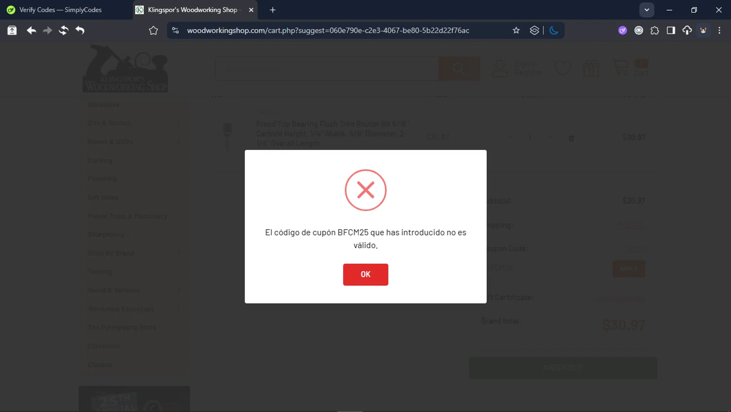 Klingspor's Woodworking Shop promo code screenshot showing code BFCM25 applied at Klingspor's Woodworking Shop checkout page. Uploaded by SimplyCodes community member LegendaryCollector6259 on Dec 11, 2025