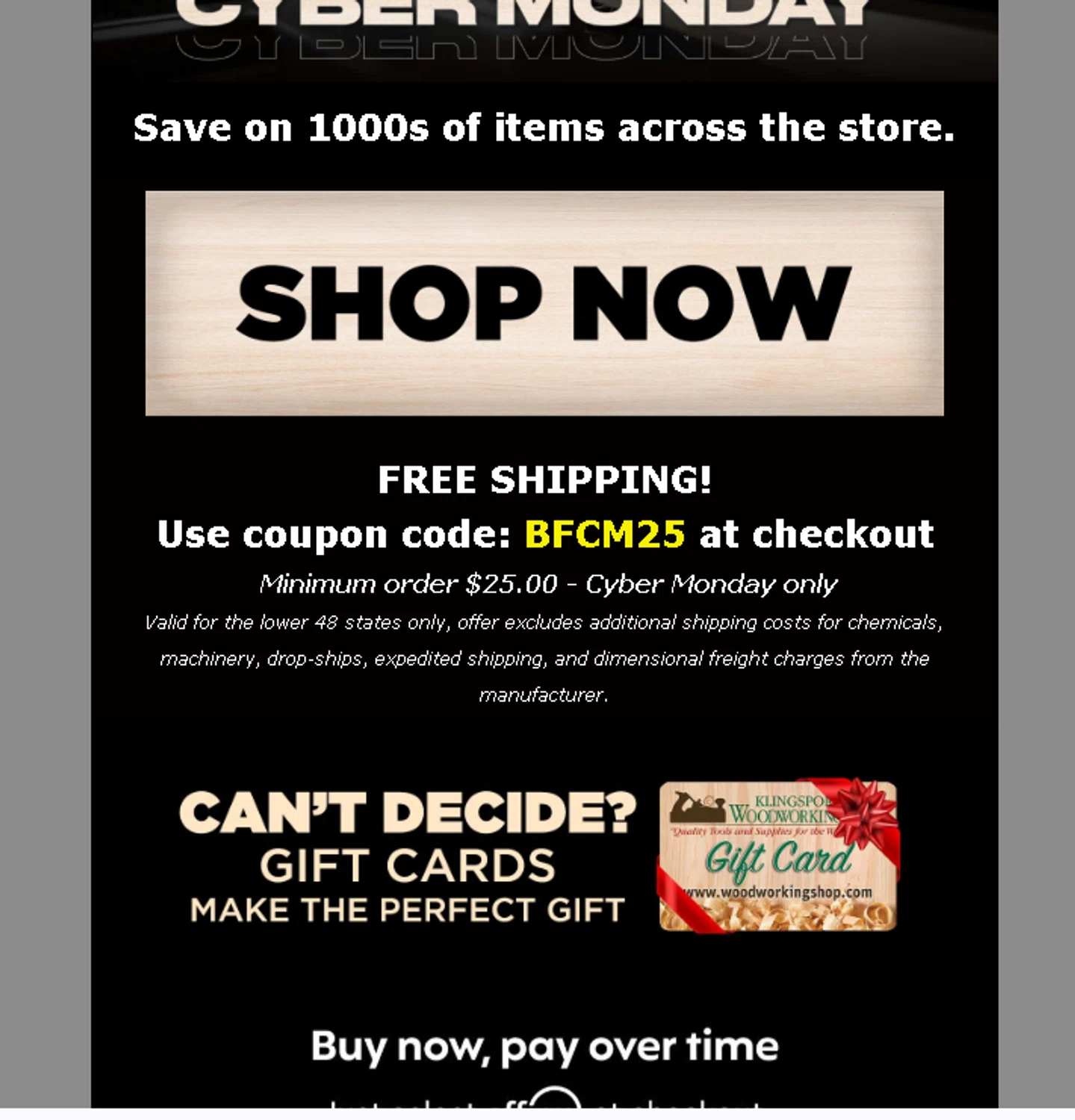 Klingspor's Woodworking Shop promo code screenshot showing code BFCM25 applied at Klingspor's Woodworking Shop checkout page. Uploaded by SimplyCodes community member Logoteam on Dec 1, 2025
