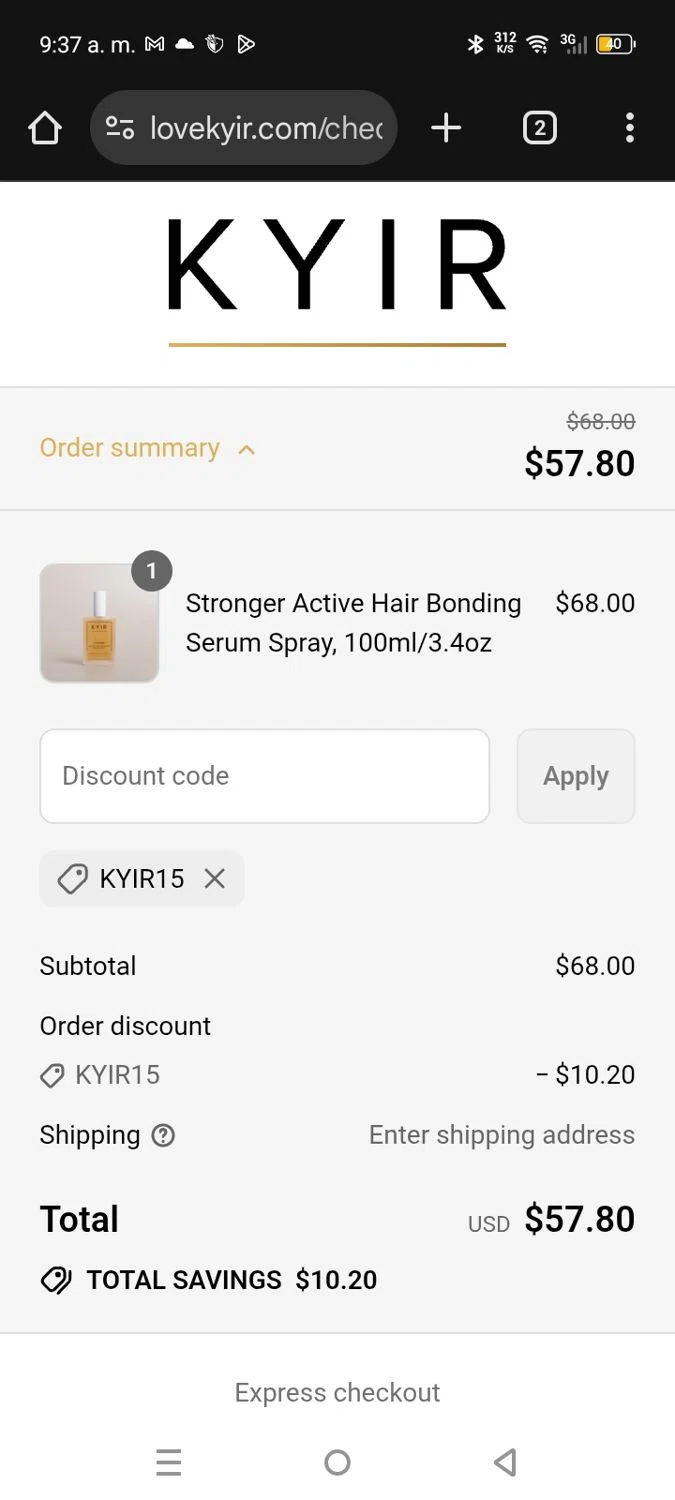 KYIR promo code screenshot showing code KYIR15 applied at KYIR checkout page. Uploaded by SimplyCodes community member ScanSage643 on Jul 23, 2025