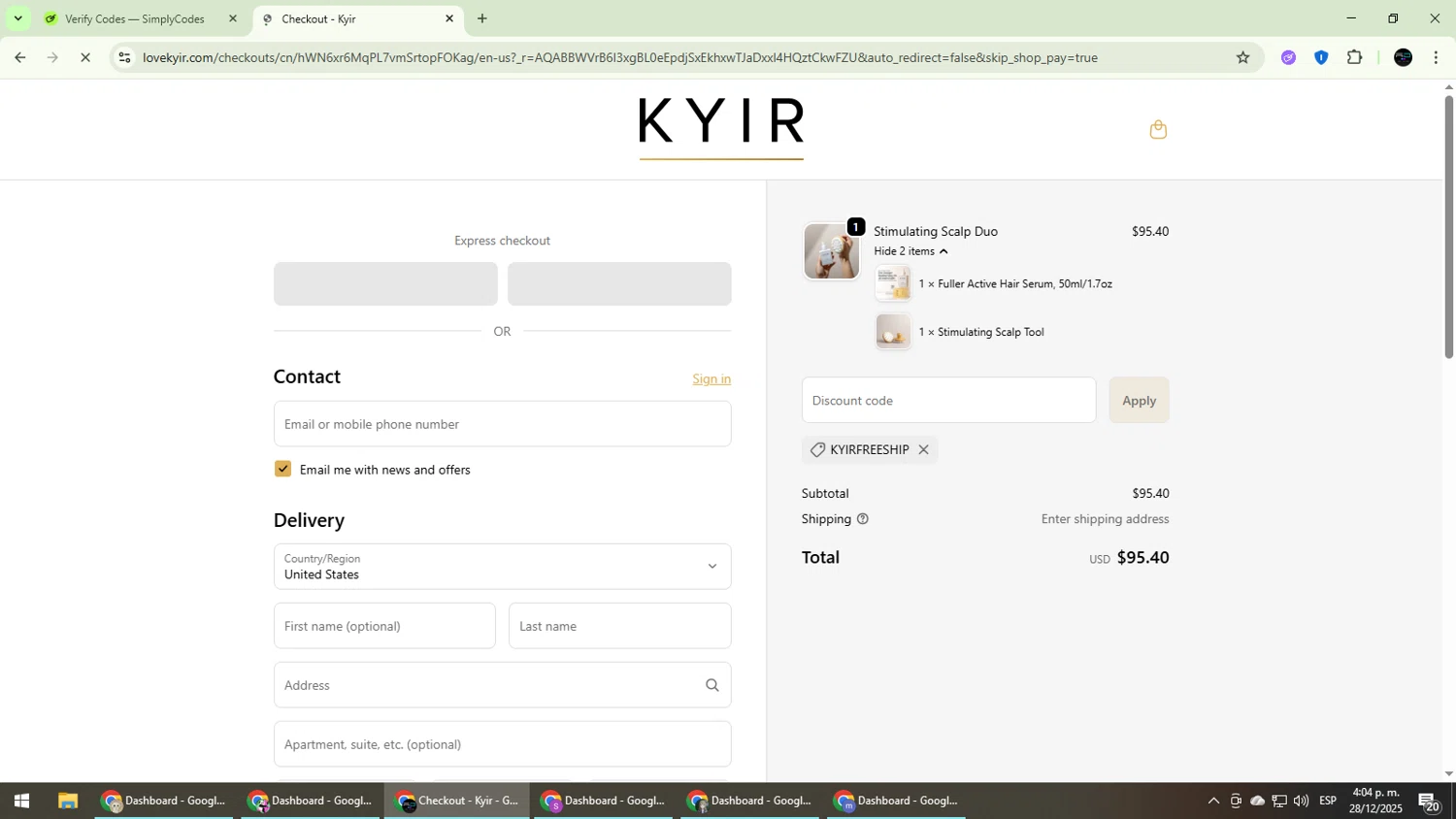 KYIR promo code screenshot showing code KYIRFREESHIP applied at KYIR checkout page. Uploaded by SimplyCodes community member CarmenVGR on Dec 28, 2025