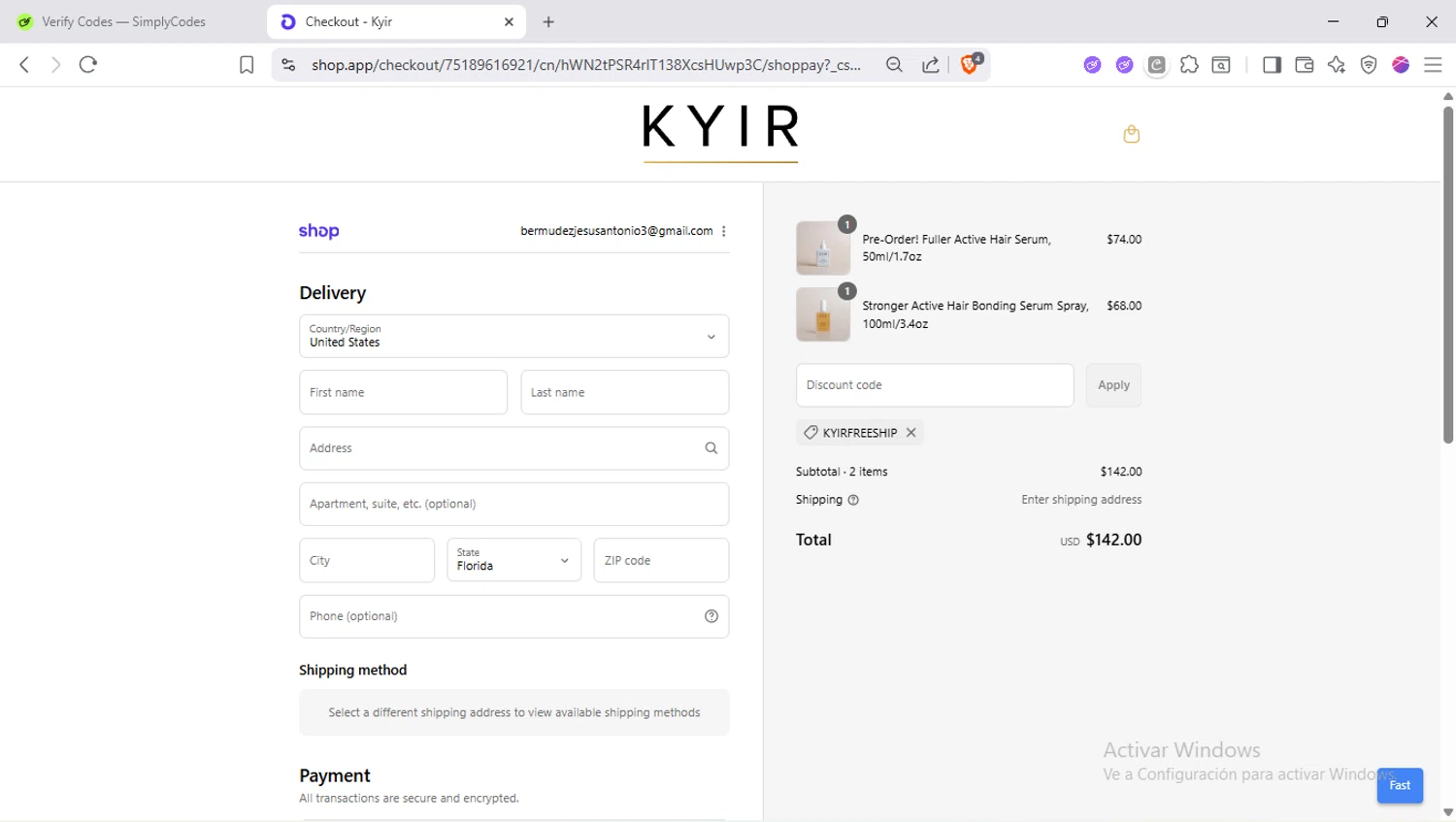 KYIR promo code screenshot showing code KYIRFREESHIP applied at KYIR checkout page. Uploaded by SimplyCodes community member SapeGato on Sep 12, 2025