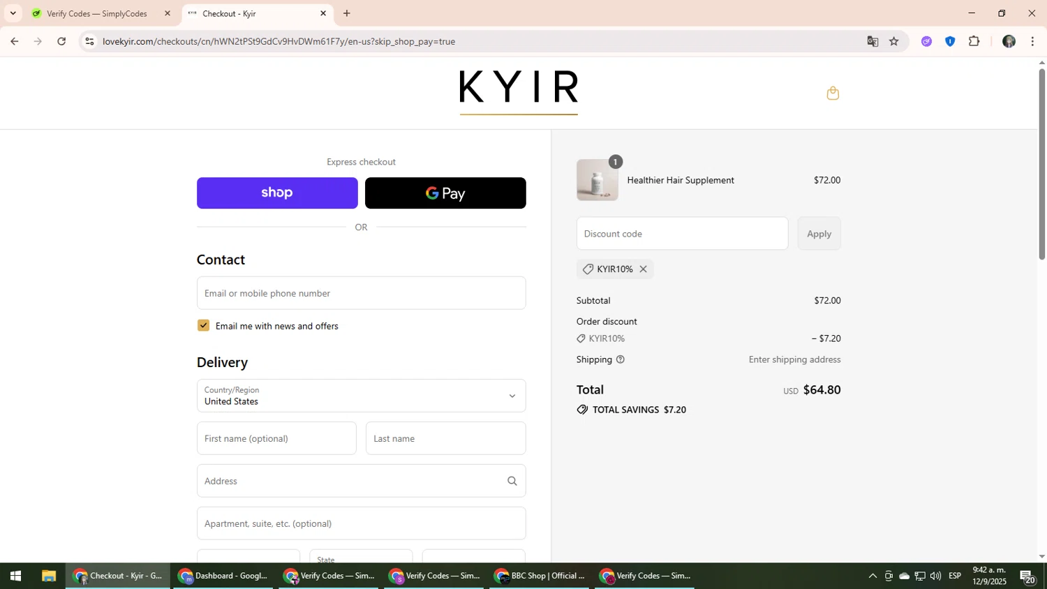 KYIR promo code screenshot showing code Kyir10% applied at KYIR checkout page. Uploaded by SimplyCodes community member CleverLynx6871 on Sep 12, 2025