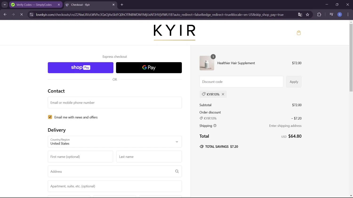 KYIR promo code screenshot showing code Kyir10% applied at KYIR checkout page. Uploaded by SimplyCodes community member ExtraordinaryWhiz4519 on Feb 6, 2025