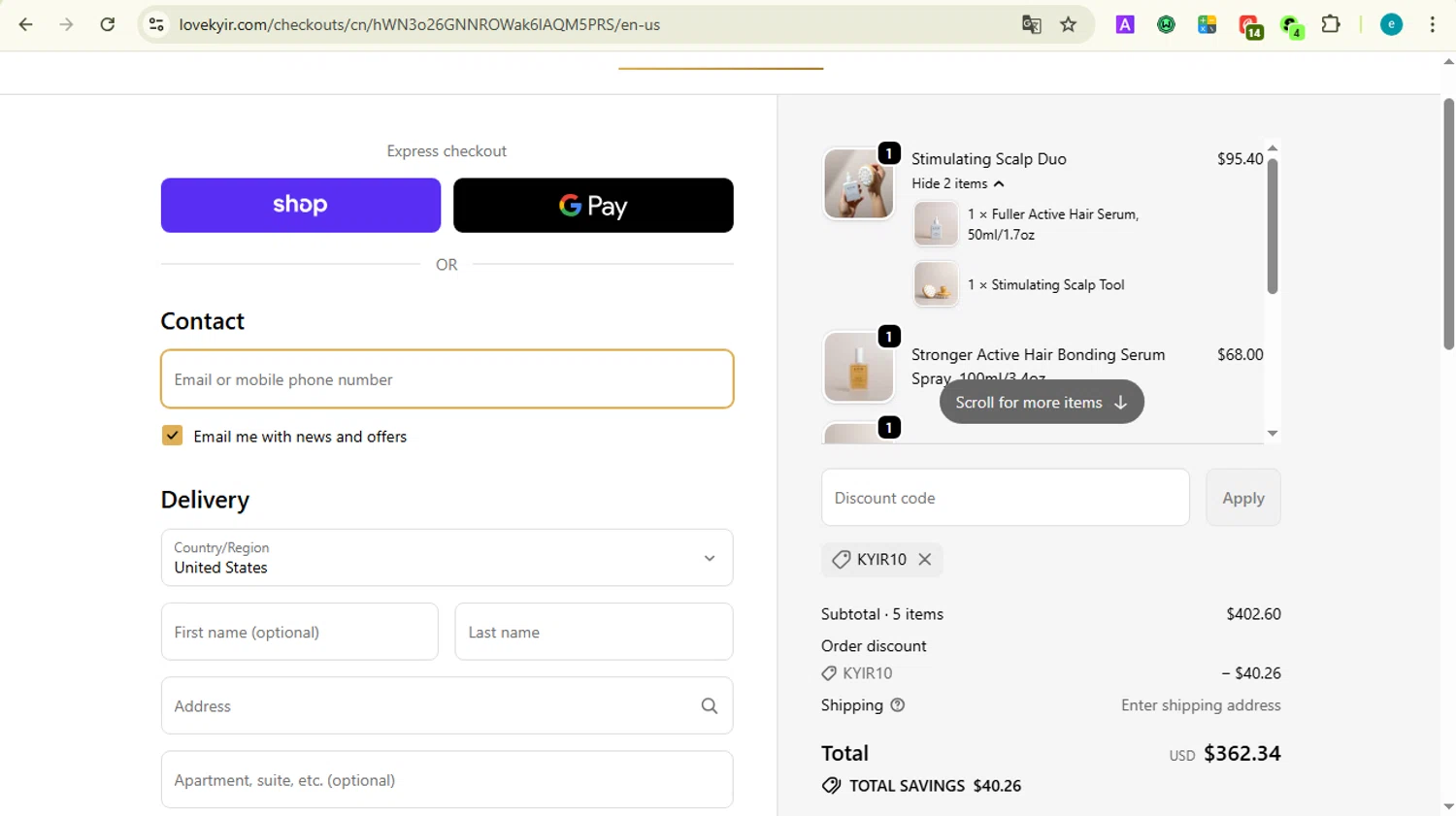 KYIR promo code screenshot showing code KYIR10 applied at KYIR checkout page. Uploaded by SimplyCodes community member LOVECOUPON on Oct 6, 2025