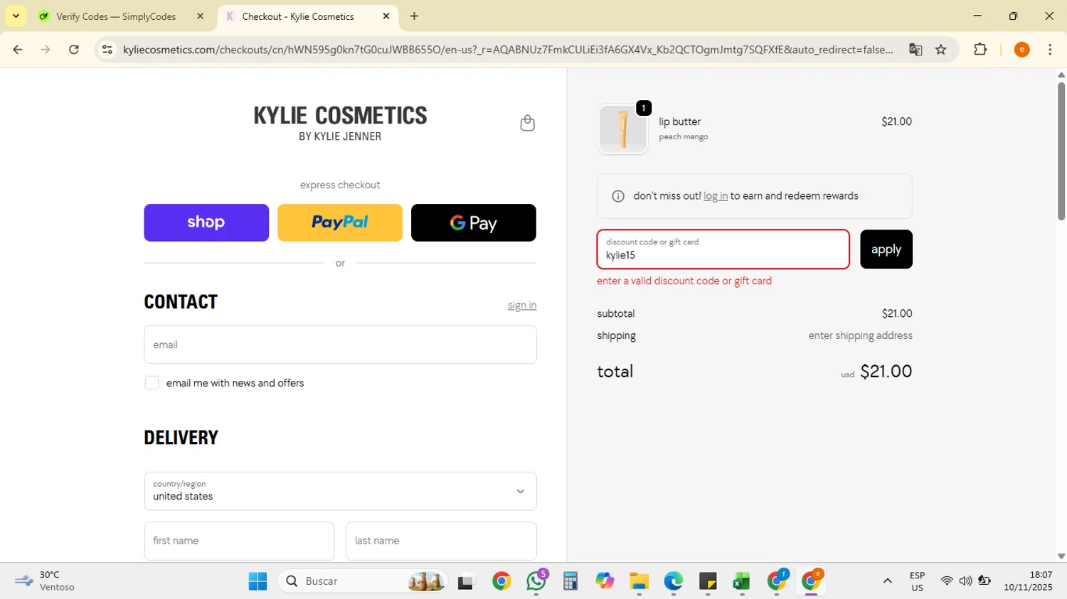 Kylie Skin discount code screenshot showing code KYLIE15 applied at Kylie Skin checkout page. Uploaded by SimplyCodes community member RebateSpotter7205 on Nov 10, 2025