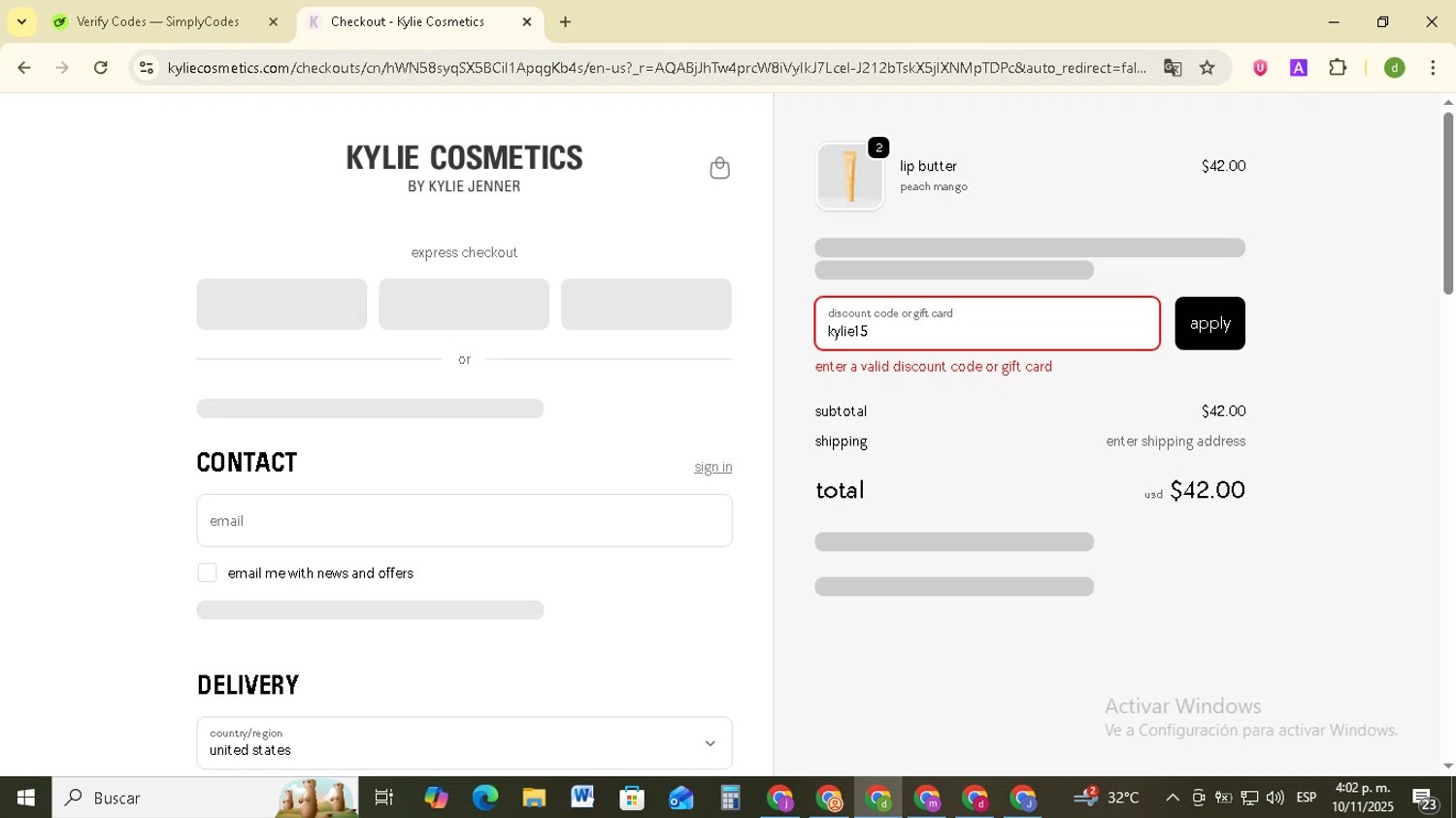 Kylie Skin discount code screenshot showing code KYLIE15 applied at Kylie Skin checkout page. Uploaded by SimplyCodes community member SavingsSentinel833 on Nov 10, 2025