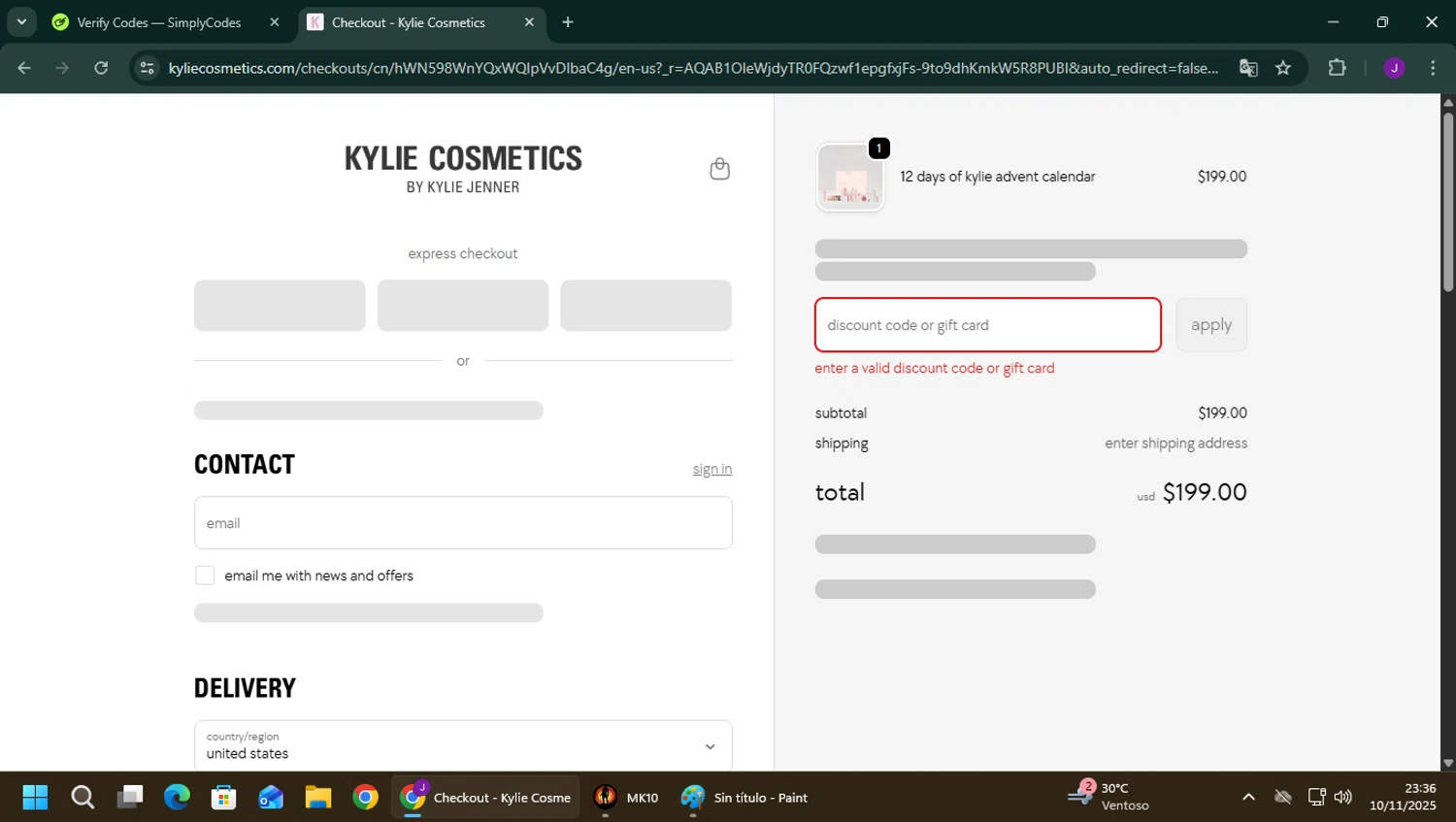 Kylie Skin discount code screenshot showing code KYLIE15 applied at Kylie Skin checkout page. Uploaded by SimplyCodes community member YutakaH0shin0 on Nov 10, 2025